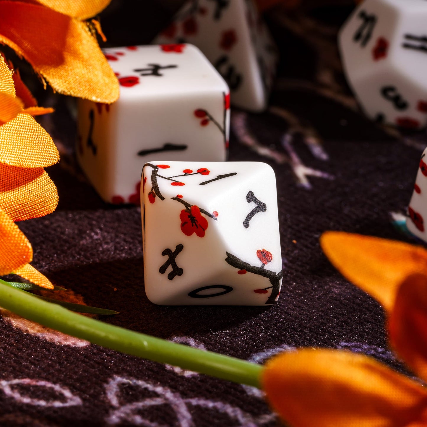 Plum Blossom Dice Set D6 focus with cherry blossom artwork for DnD & DnD 5e
