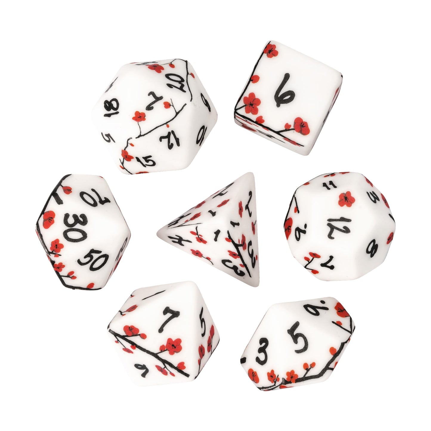 Flat lay of Plum Blossom Dice Set 7 piece dice collection for DnD & DnD 5e