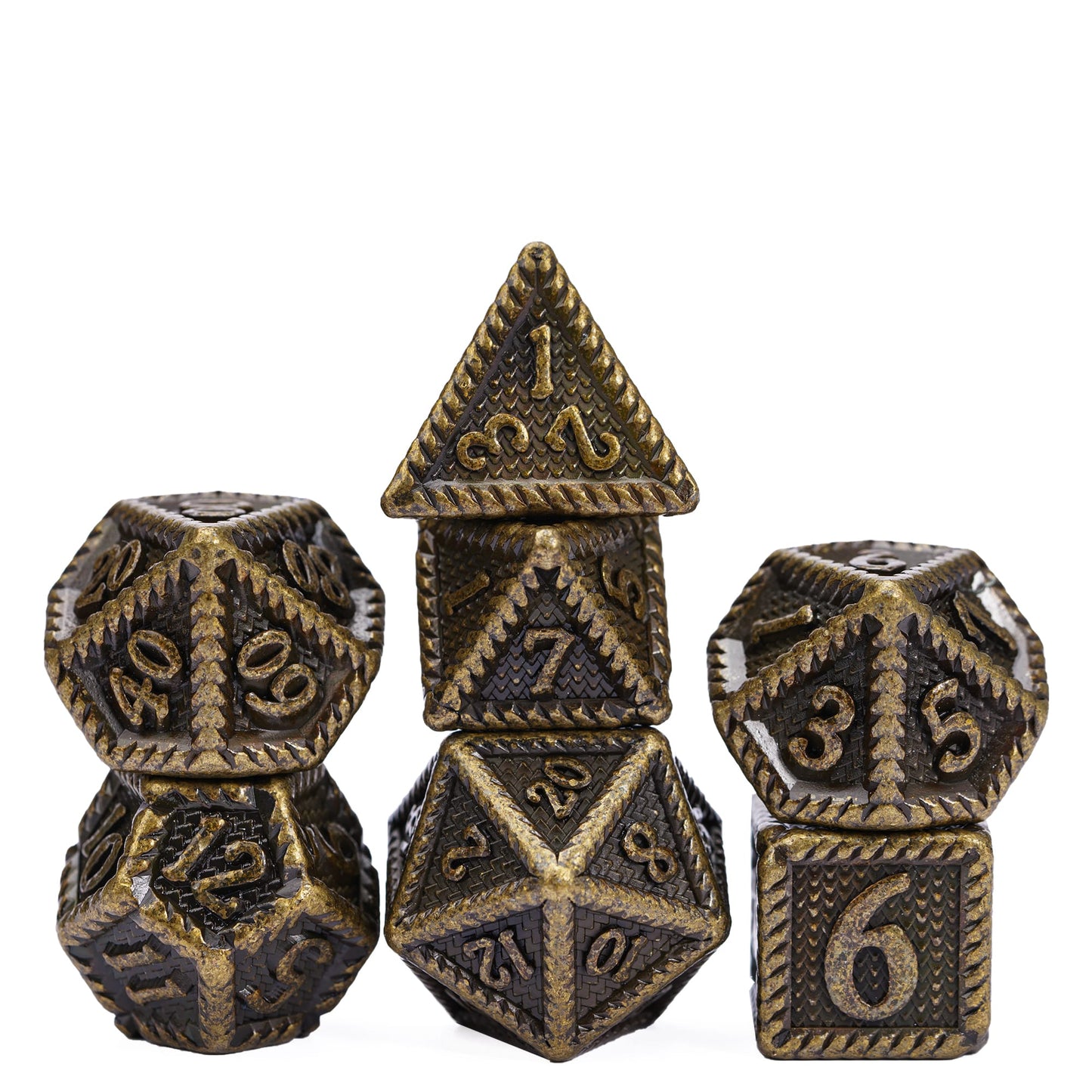 Predator's Maw Dice Collection in Bronze finish, 7 piece metal dice set for DnD & DnD 5e