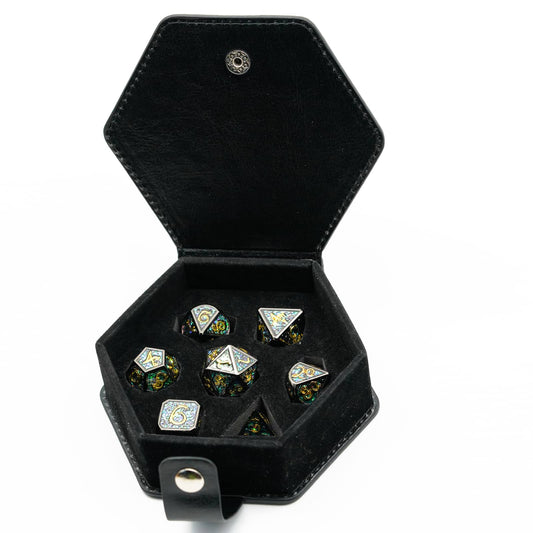 Black leather hexagon dice case open with polyhedral dice set inside