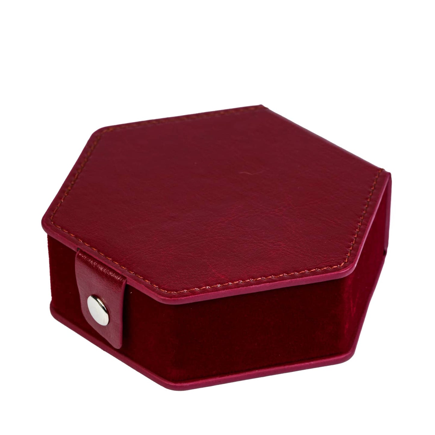 Closed red hexagon dice case with snap-button strap and stitched edges