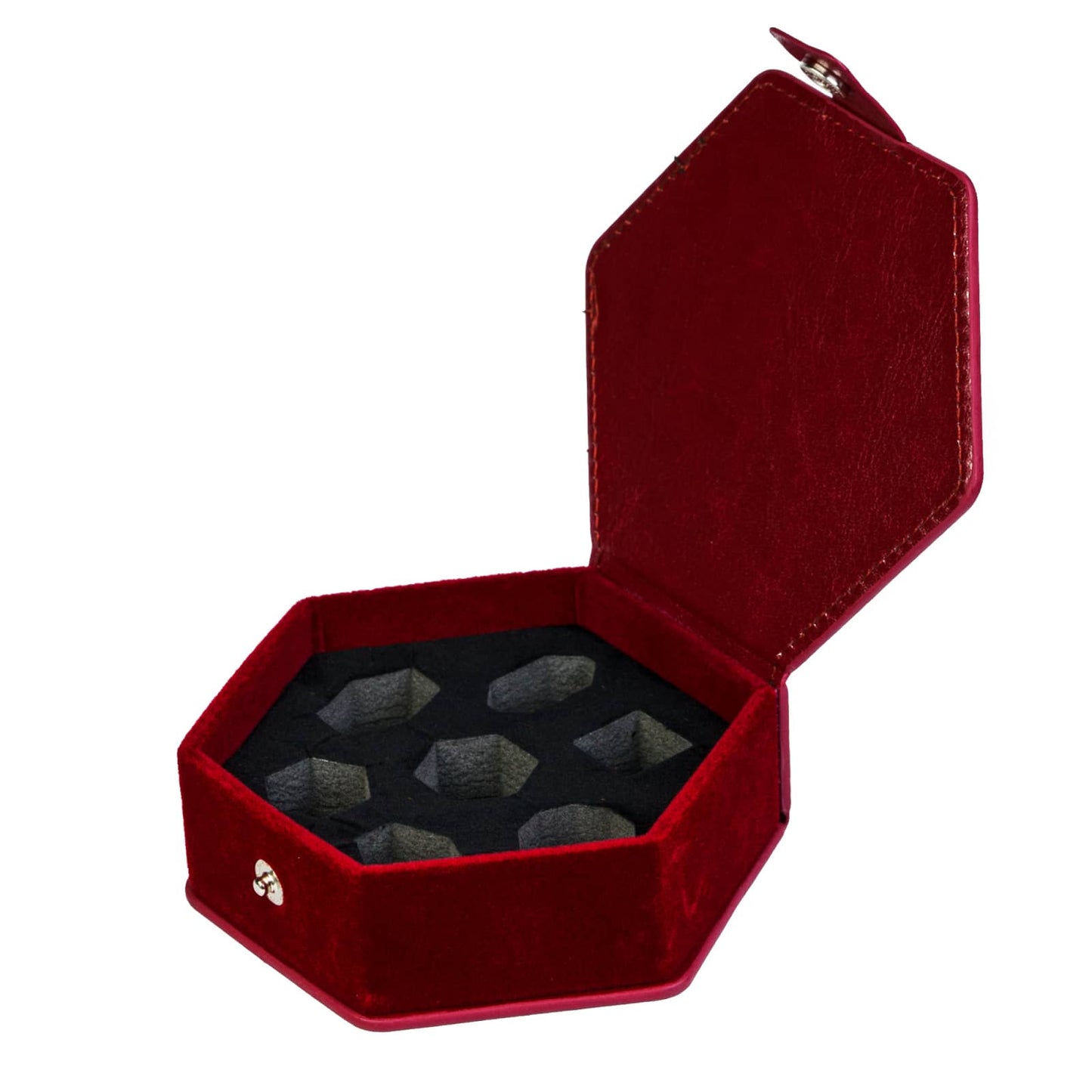 Red leather hexagon dice case open with black velvet interior and empty slots