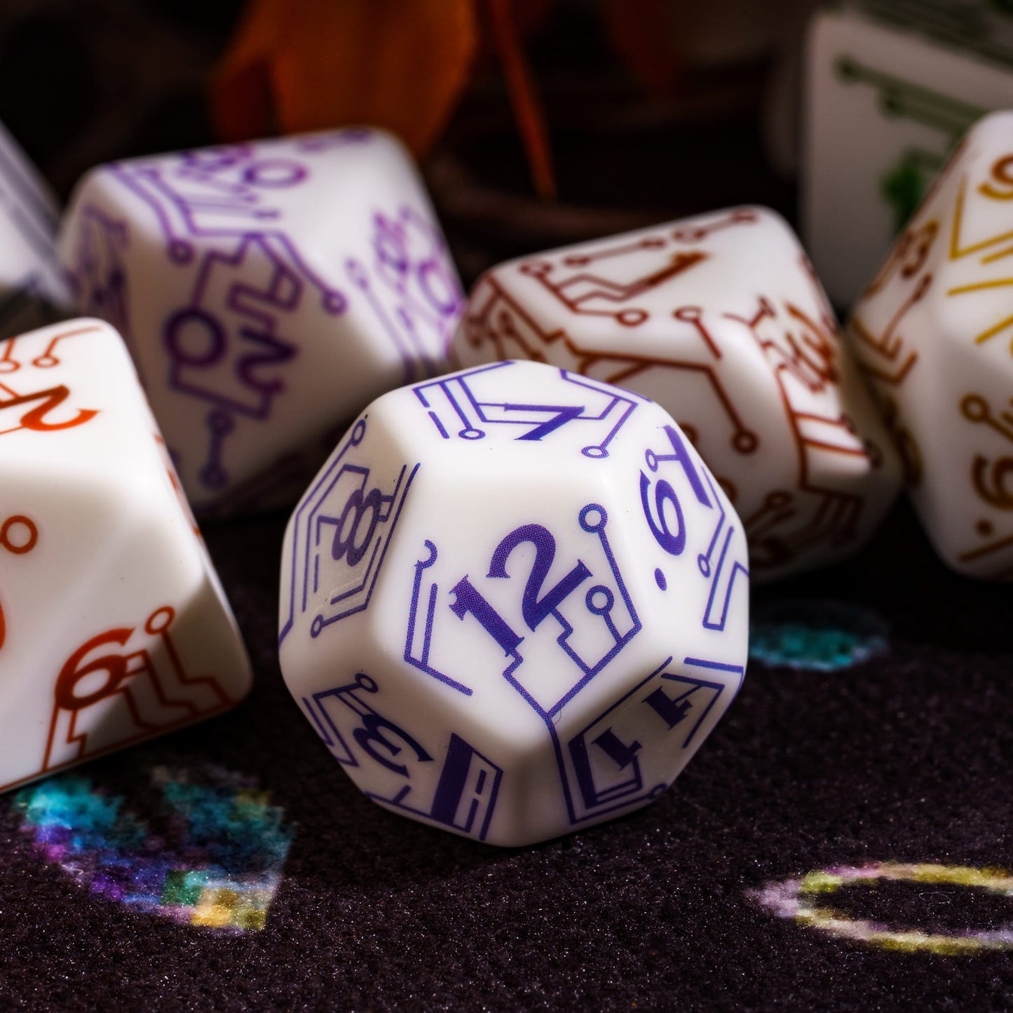 Close-up of Quantum Quest Dice Set purple D12 with futuristic circuit pattern for DnD & DnD 5e