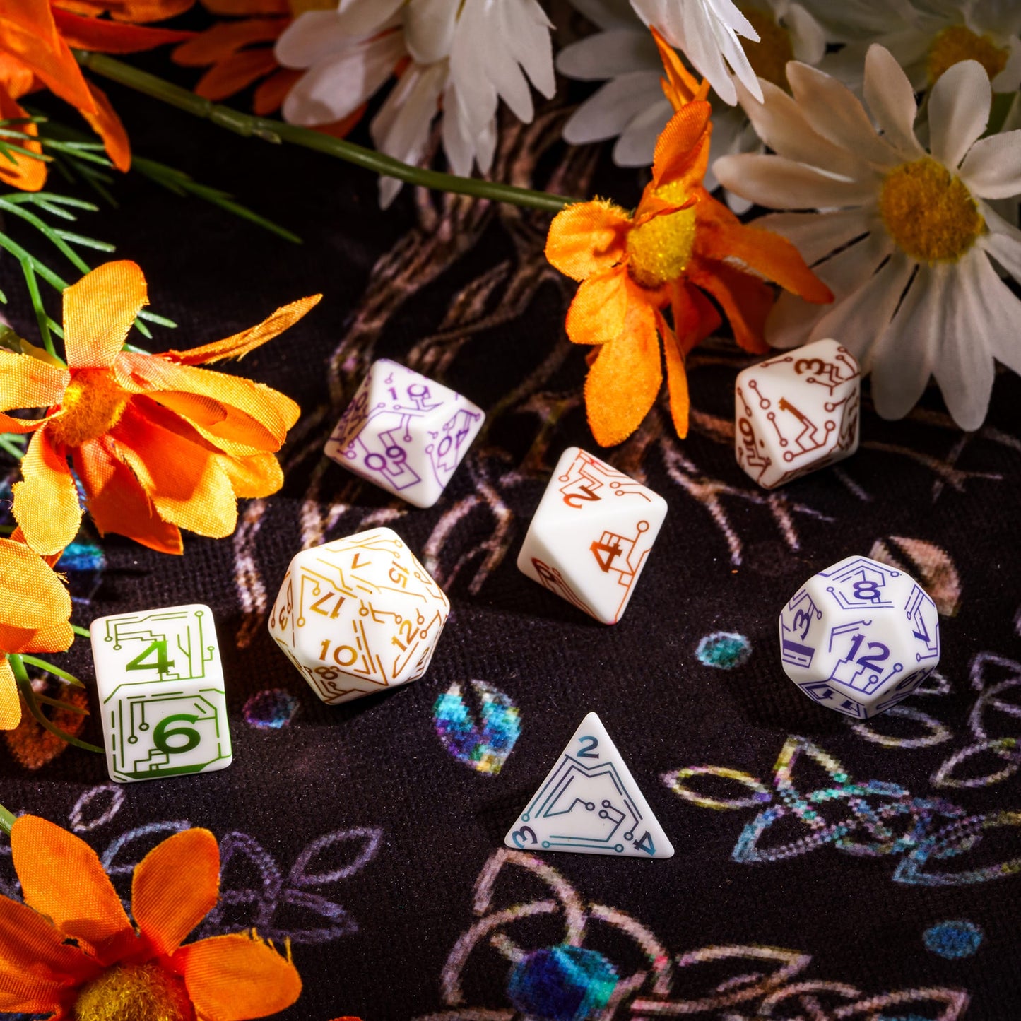 Flat lay of Quantum Quest Dice Set 7 piece dice collection with circuit designs for DnD & DnD 5e