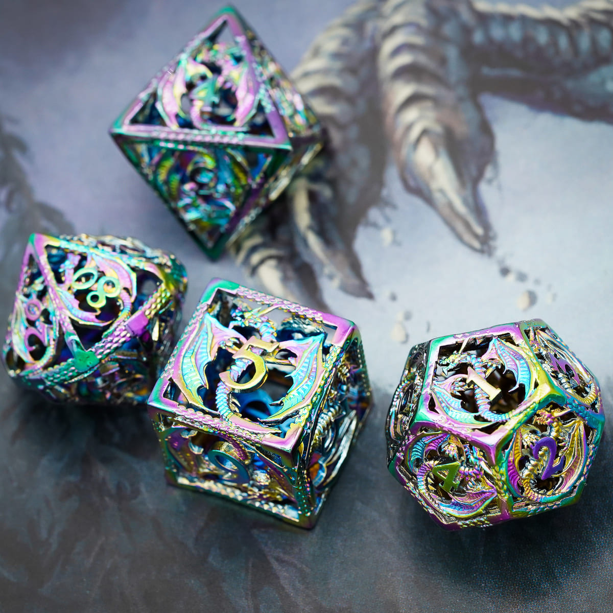 Hollow metal dice set with prismatic finish on dragon-themed art for DND
