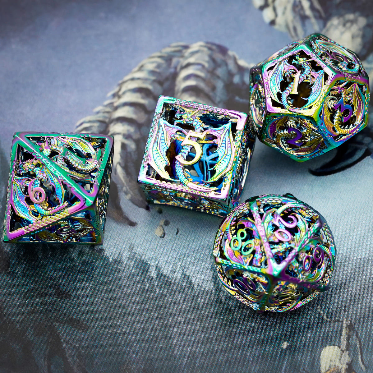 Detailed view of dragon-themed hollow metal dice with prismatic finish