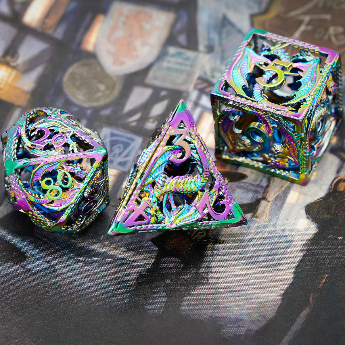 Radiant Prismatic Dragon hollow metal DND dice on fantasy-style background