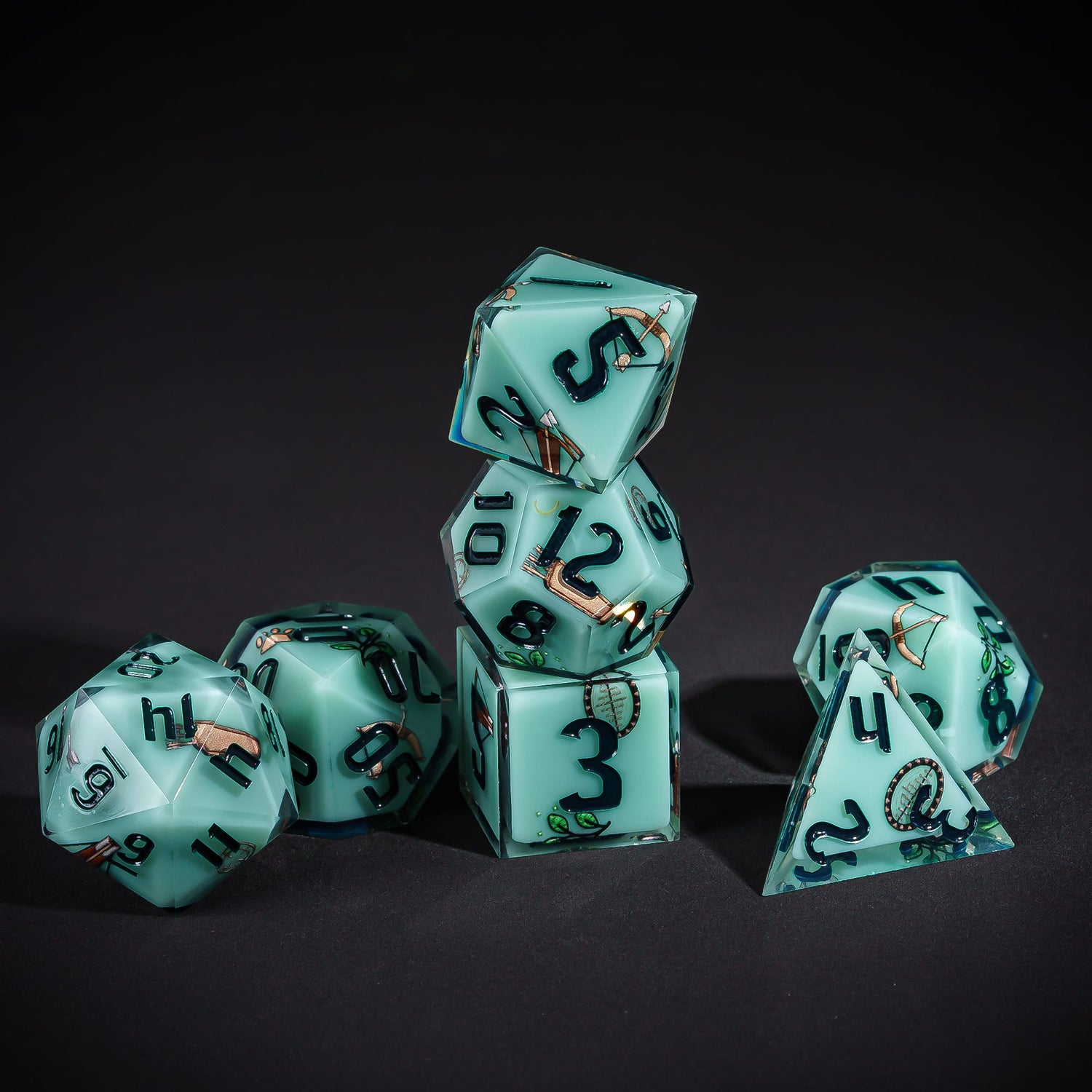 Green Ranger Dice Set, 7 piece pastel sharp edge dice for DND 5e players