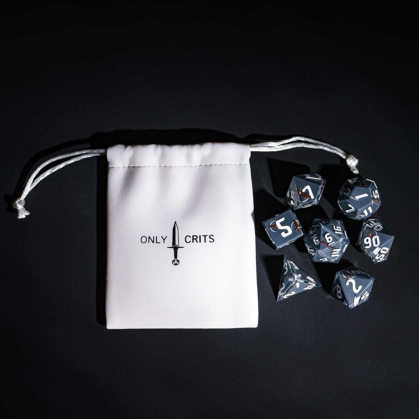 Grey Rogue Dice Set with Only Crits bag, pastel 7 piece sharp edge dice for DND 5e