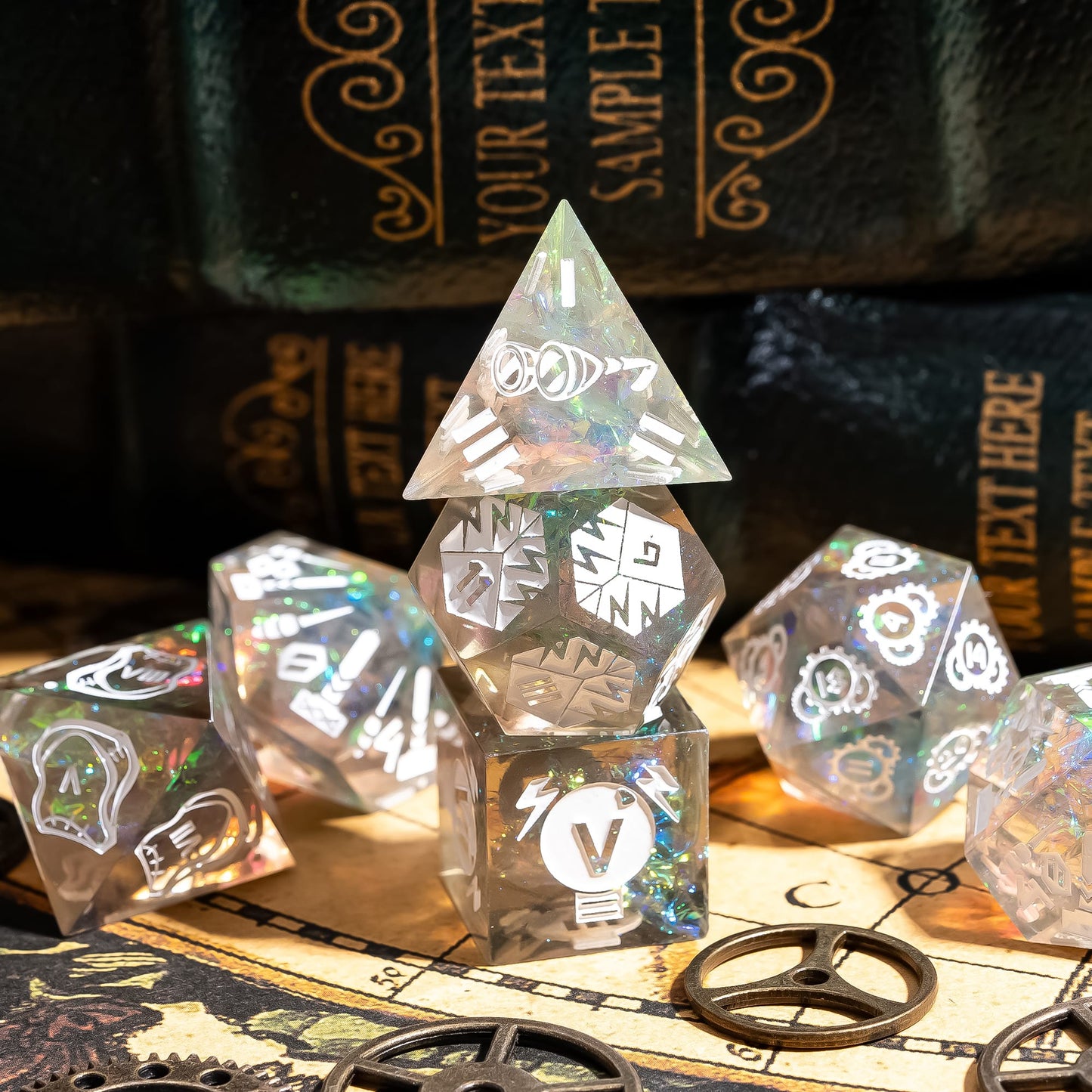 Stacked Roman Imperium White Sharp Edge Dice Set with holographic resin and white engravings for DnD & DnD 5e