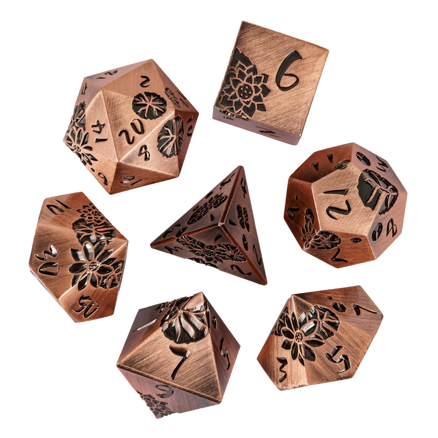 Flat lay of Rose Gold Lotus Blossom 7 piece metal dice set with lotus designs for DnD & DnD 5e