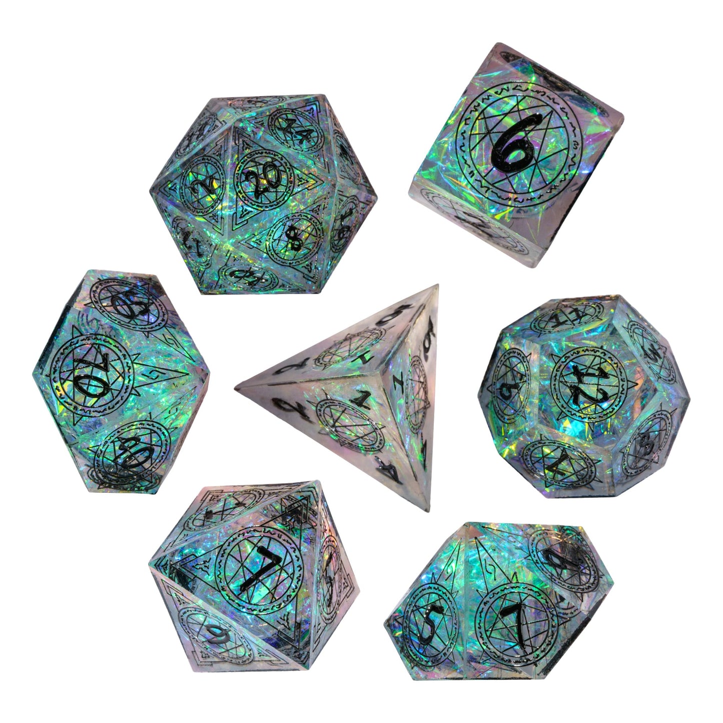 Runic Infusion 7 piece sharp edge dice set, holographic resin dice for DnD players