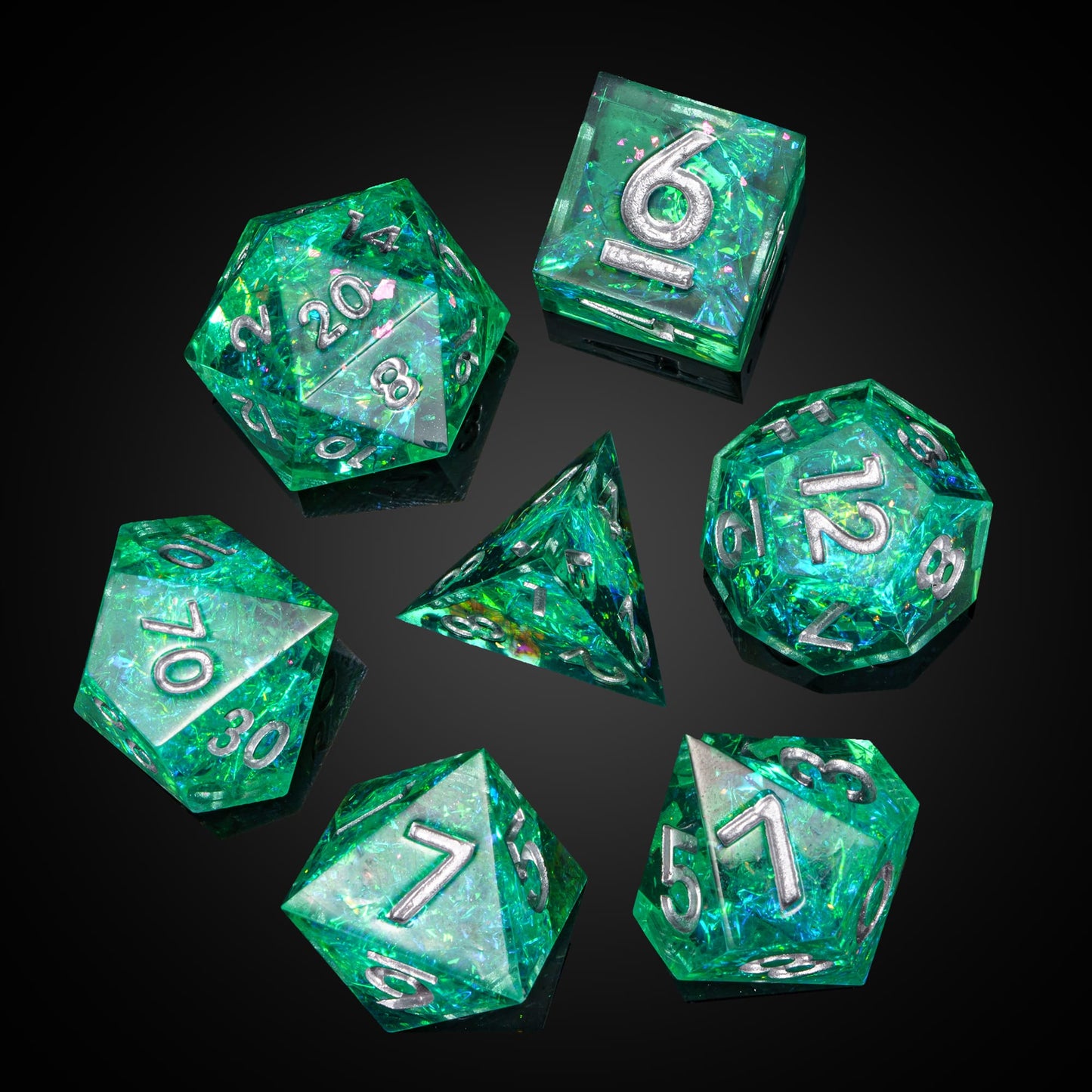 Loose Sages Emerald 7 piece dice set for DnD and RPG, green resin dice with silver numbers and foil details