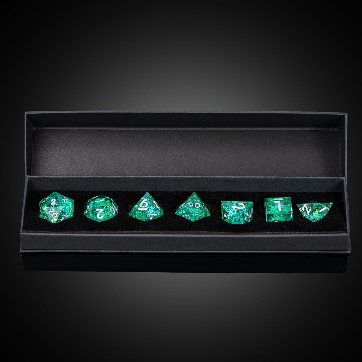Sages Emerald dice set in black box for DnD and tabletop RPG, green resin with silver numbering