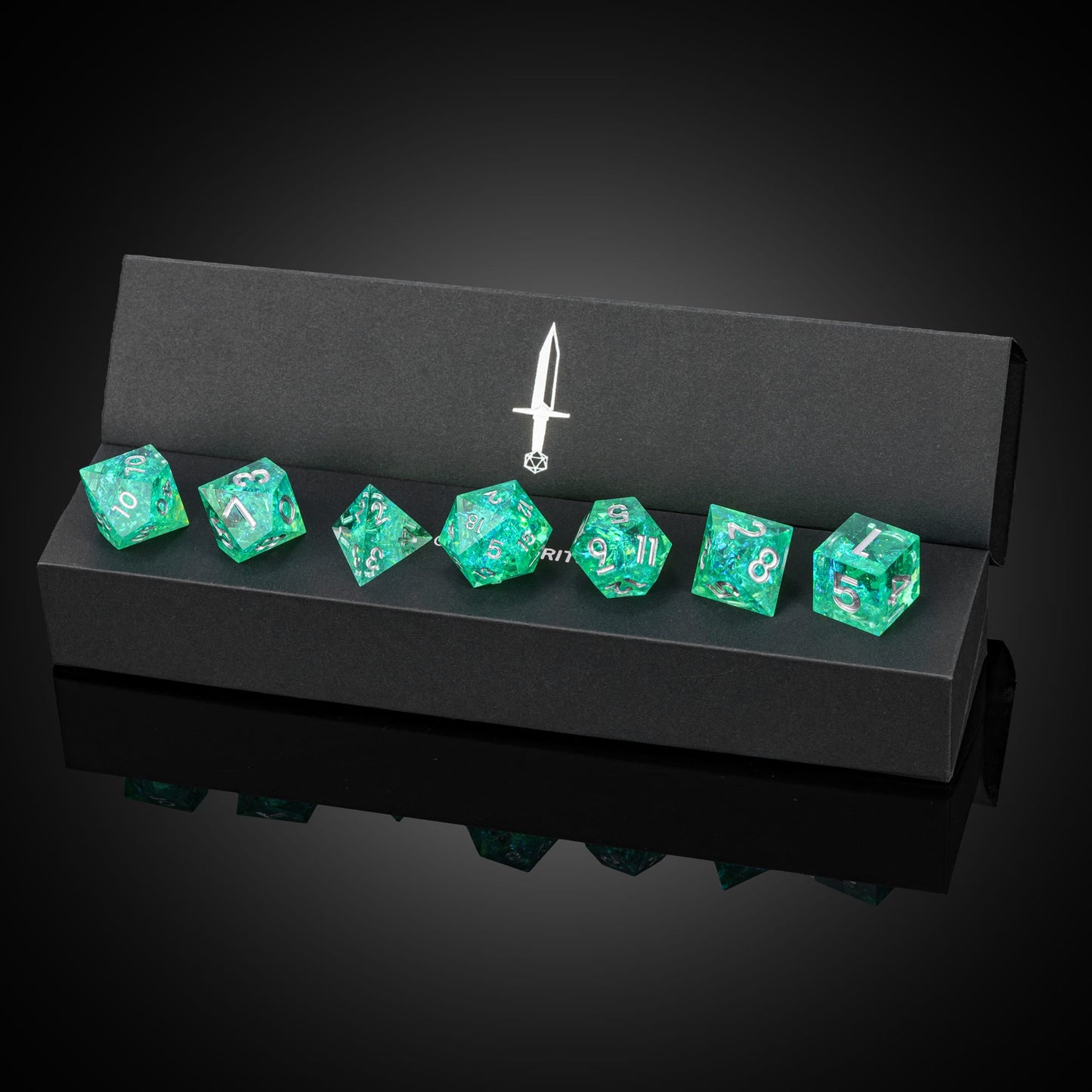 Sages Emerald dice set displayed in open case, green resin dice with silver numbers for DnD and RPG