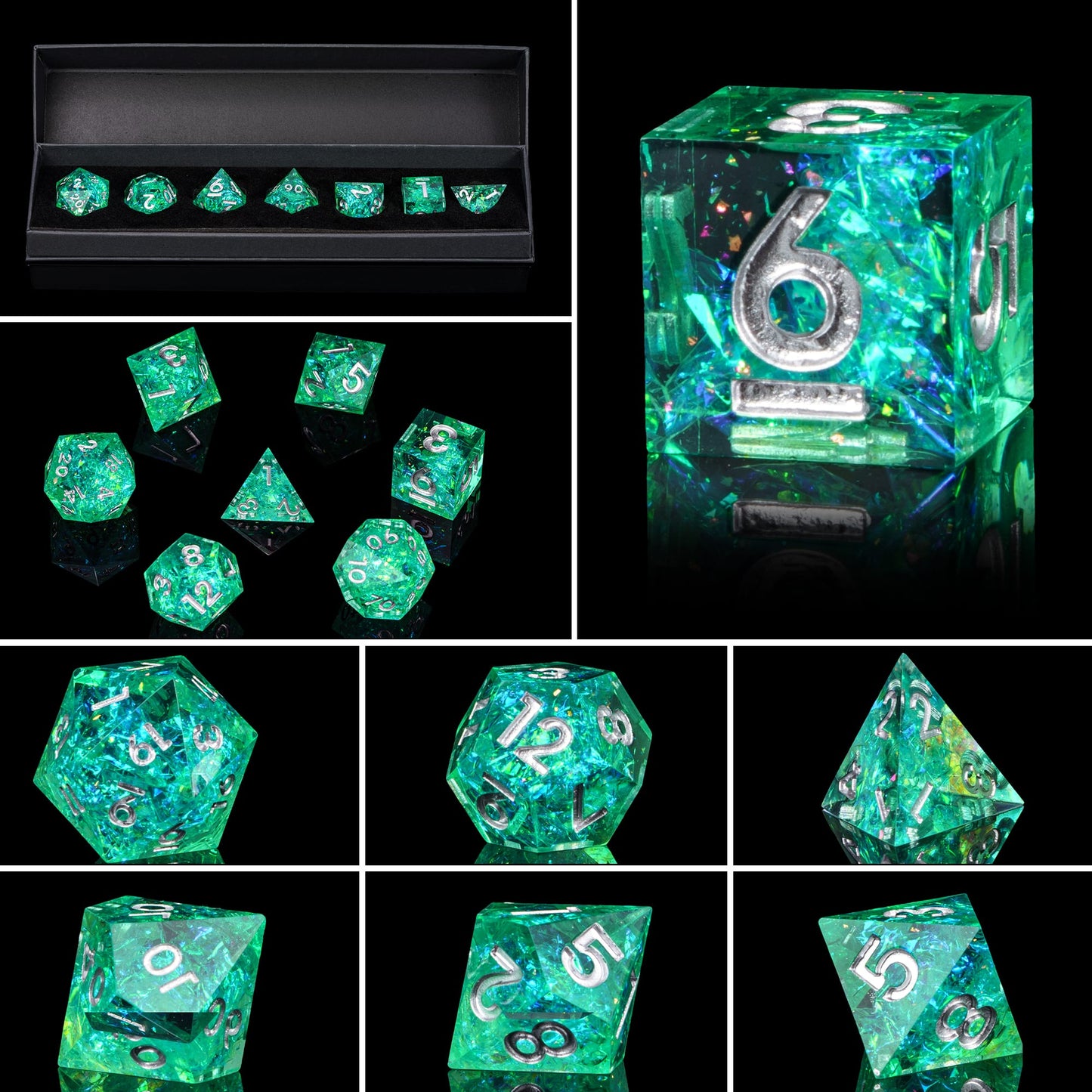 Full display of Sages Emerald dice set for DnD and RPG, green resin with silver numbering and gift box