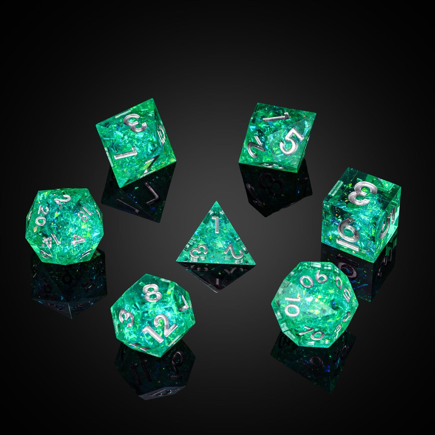 Sages Emerald dice set for DnD and tabletop RPG, green resin dice with silver numbers and foil accents