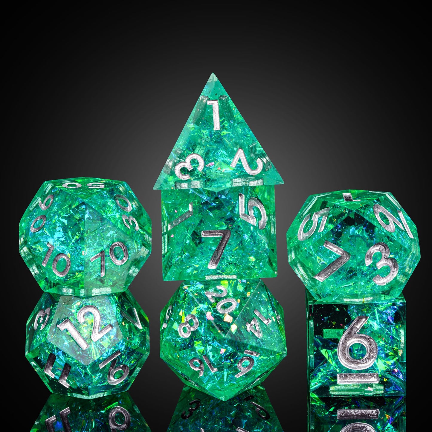 Sages Emerald dice set stacked for display, green resin dice with silver numbers for DnD and RPG
