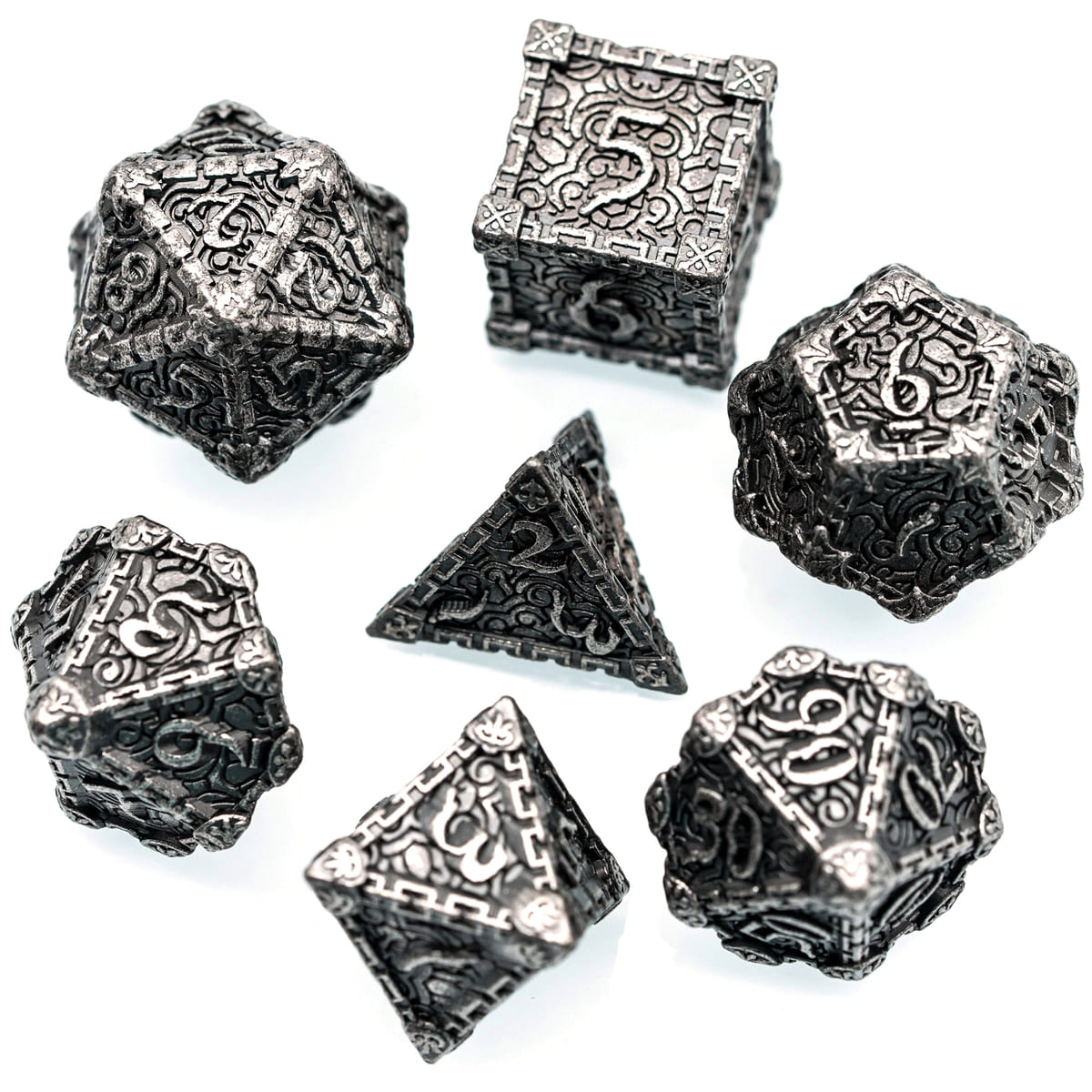Silver Blade metal dagger dice set 7 piece layout for DnD and RPG, silver engraved design with detailed edges