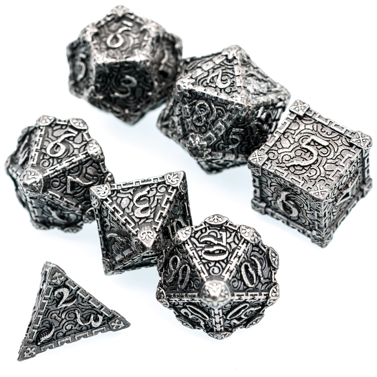 Silver Blade metal dagger dice set angled view for DnD and tabletop RPG, engraved silver finish