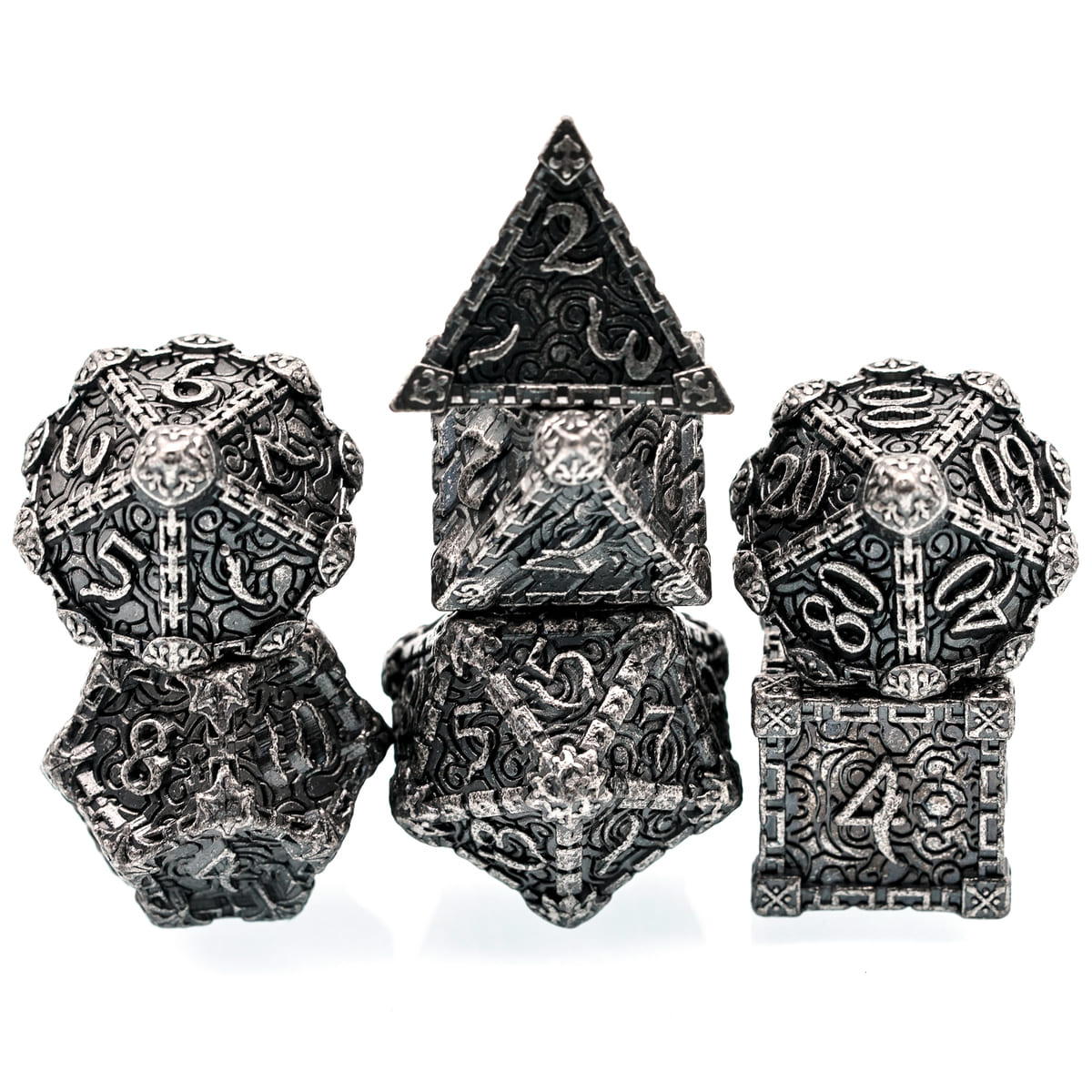 Silver Blade metal dagger dice set stacked for display, detailed engraved silver finish for DnD and tabletop RPG