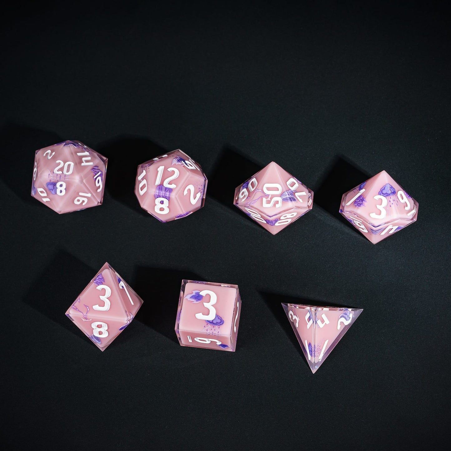 Pink Sorcerer Dice Set, 7 piece pastel polyhedral dice for tabletop roleplaying games