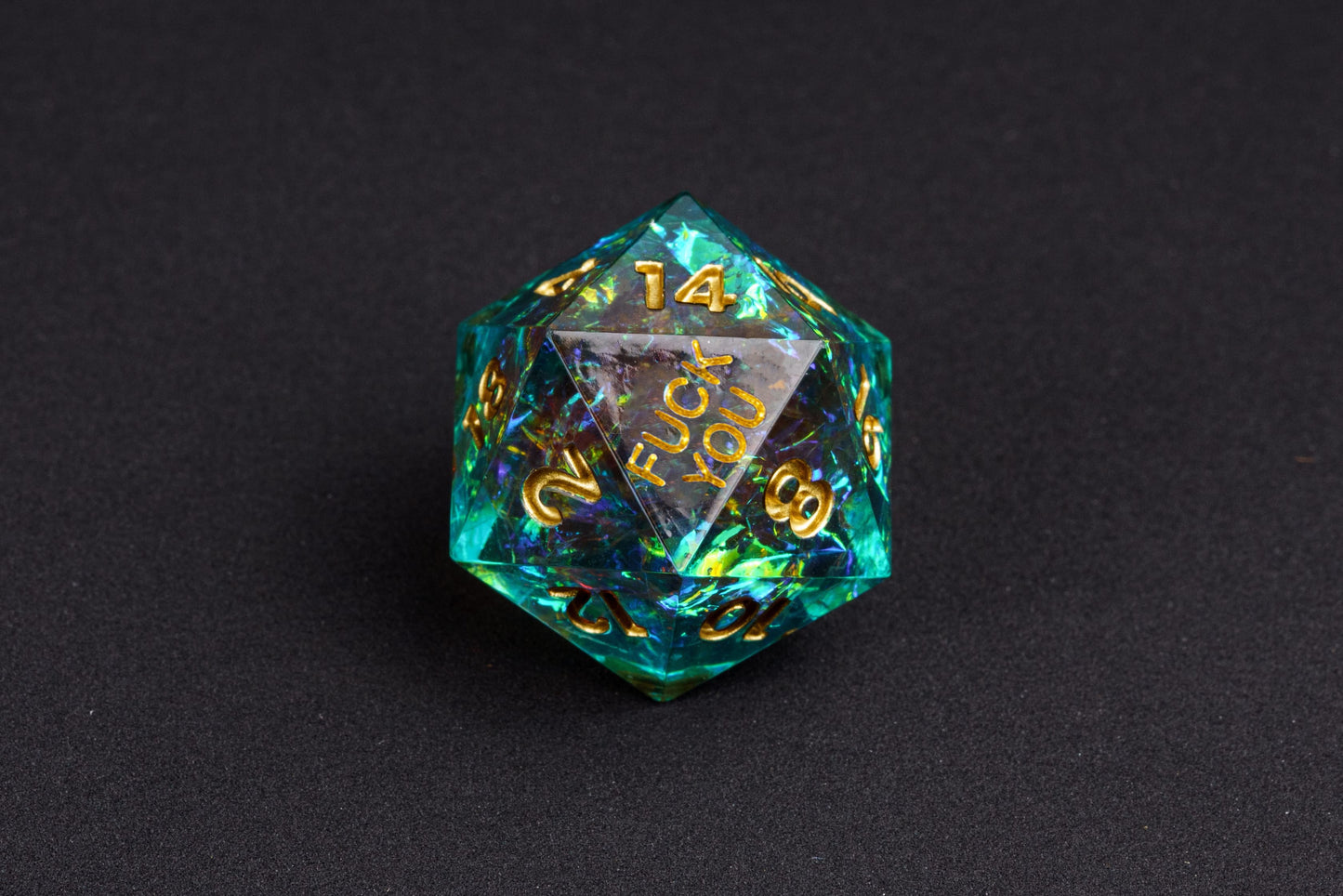 Closeup of Starlight Nebula F*ck You Sharp Edge Dice Set D20 for DnD & TTRPG