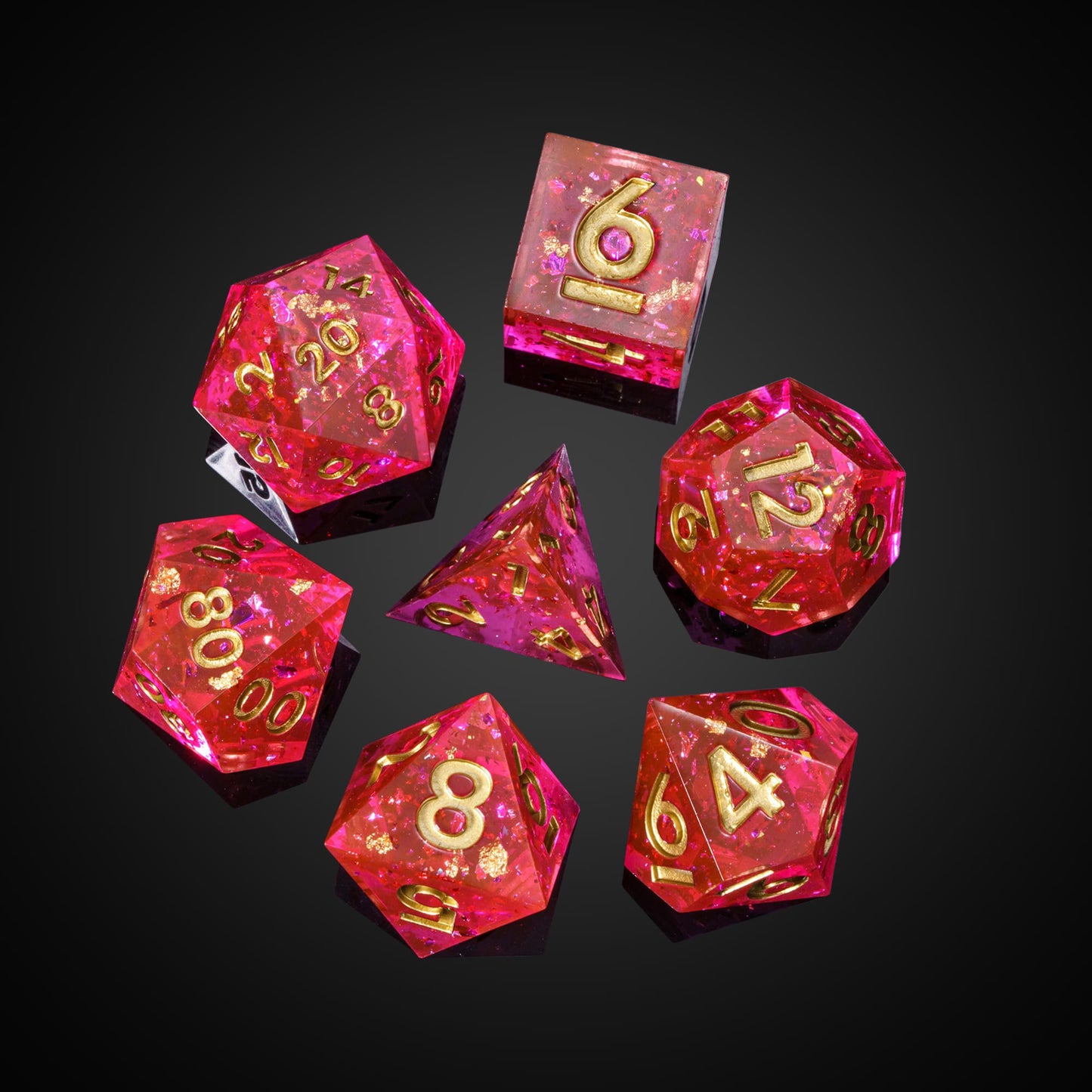 Starweaver's Legacy Sharp Edge Dice Set, 7 piece pink resin dice arranged with gold numbering