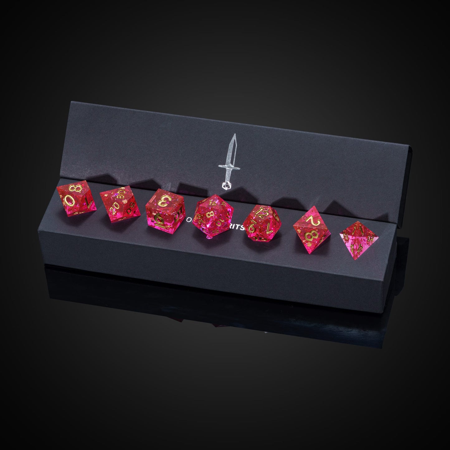 Starweaver's Legacy Sharp Edge Dice Set, 7 piece pink resin dice with gold numbering in display box