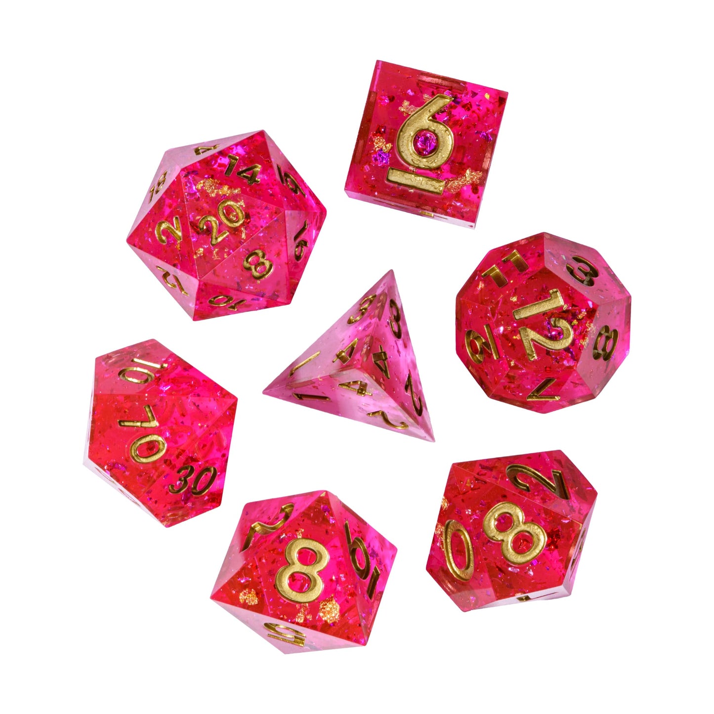Starweaver's Legacy Sharp Edge Dice Set, 7 piece pink resin dice with gold numbering flat lay for DnD