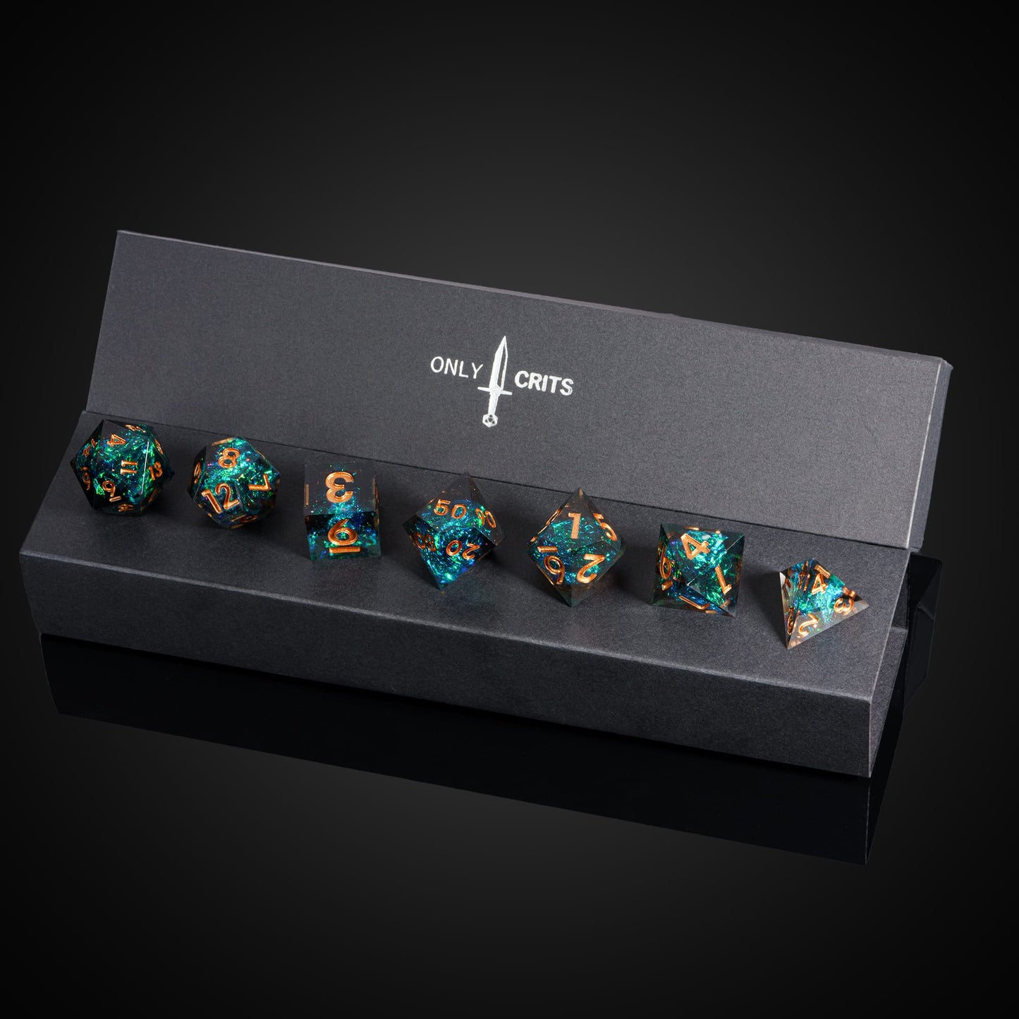 Supernova Remnant sharp edge dice on Only Crits display case