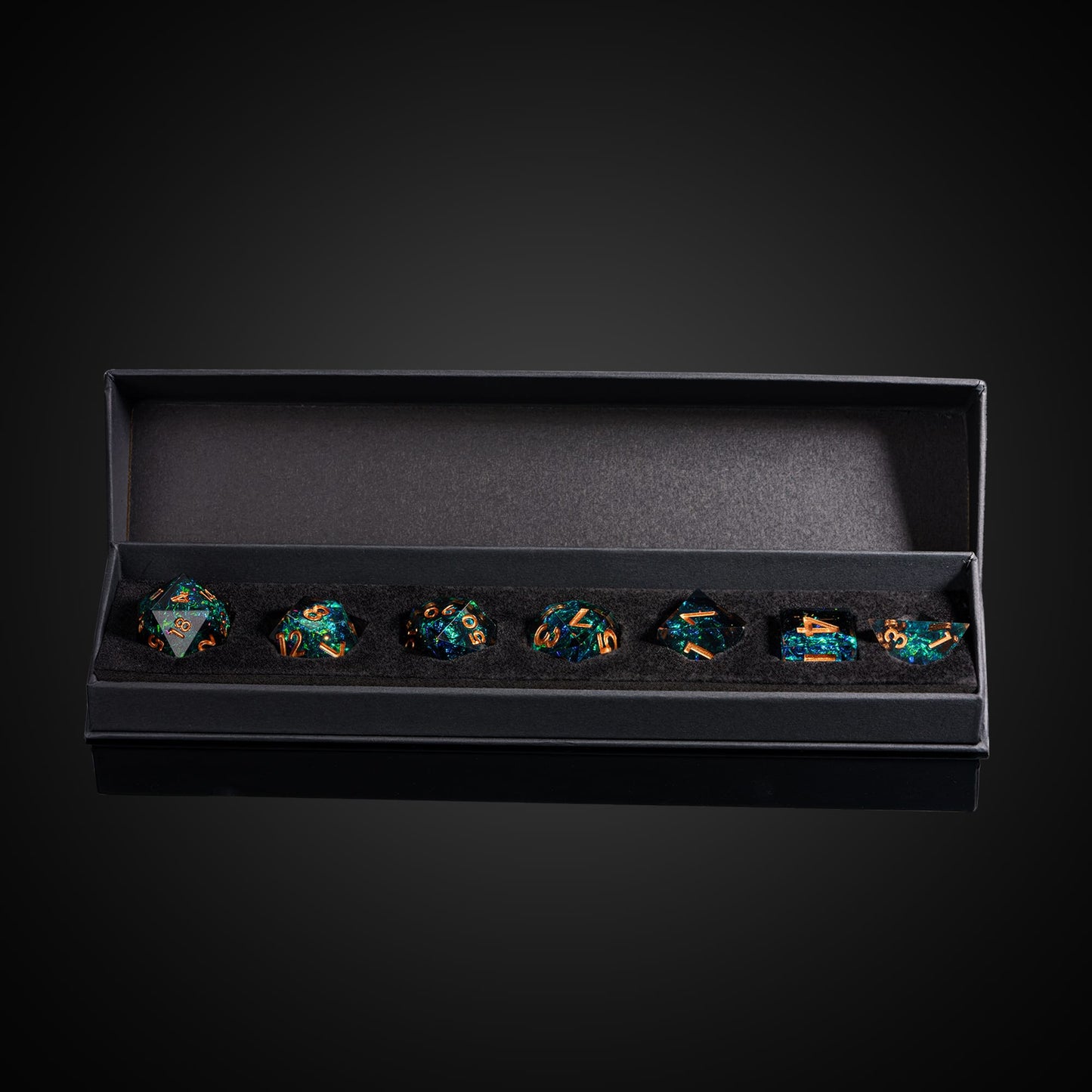 Supernova Remnant DND dice set displayed in black case