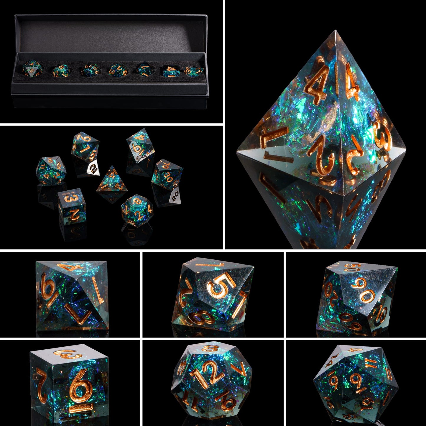 Supernova Remnant DND dice set displayed in black case