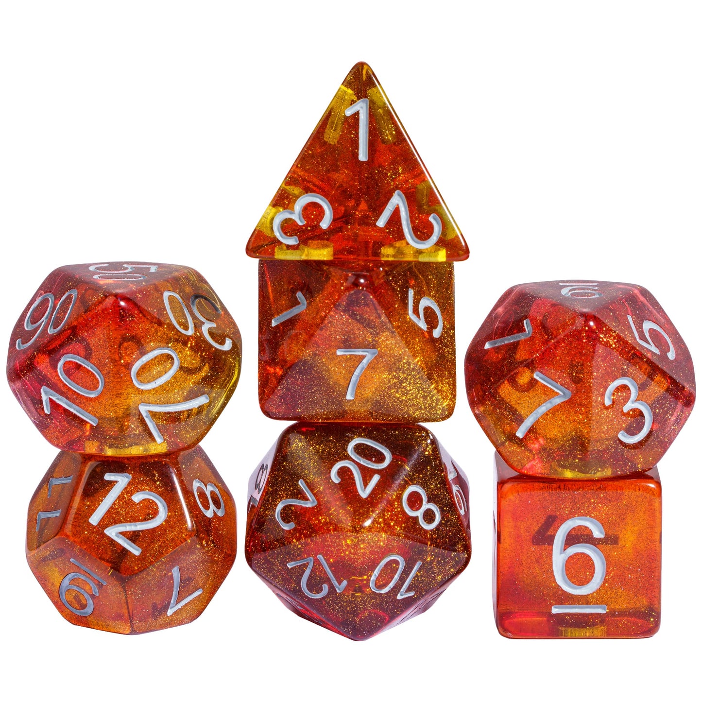 Stacked view of Stardust Red Orange Dice Set 7 piece dice collection for DnD & DnD 5e