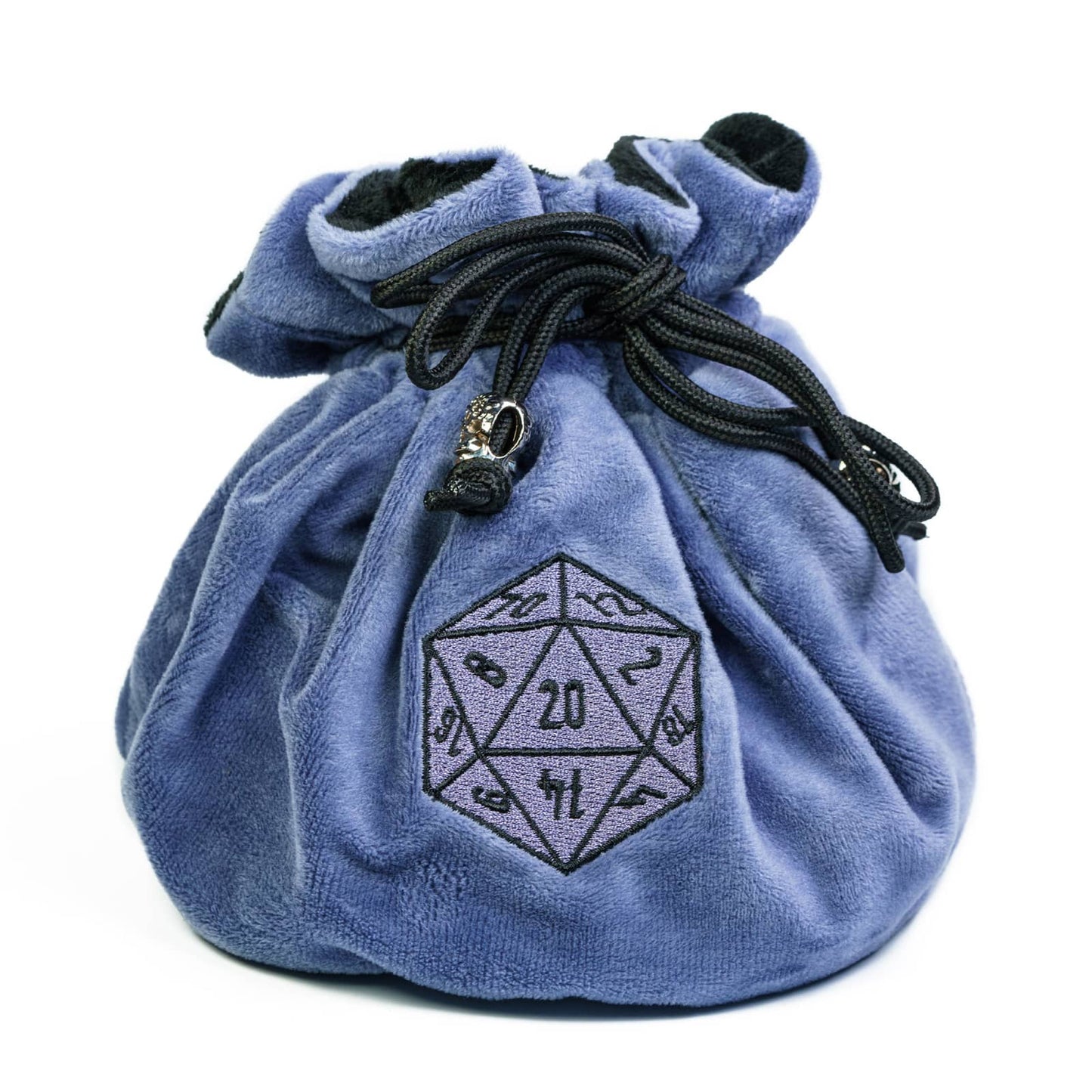 The Crit Cache Dice Bag Blue variant with stitched drawstring and Only Crits logo for DnD & DnD 5e dice storage