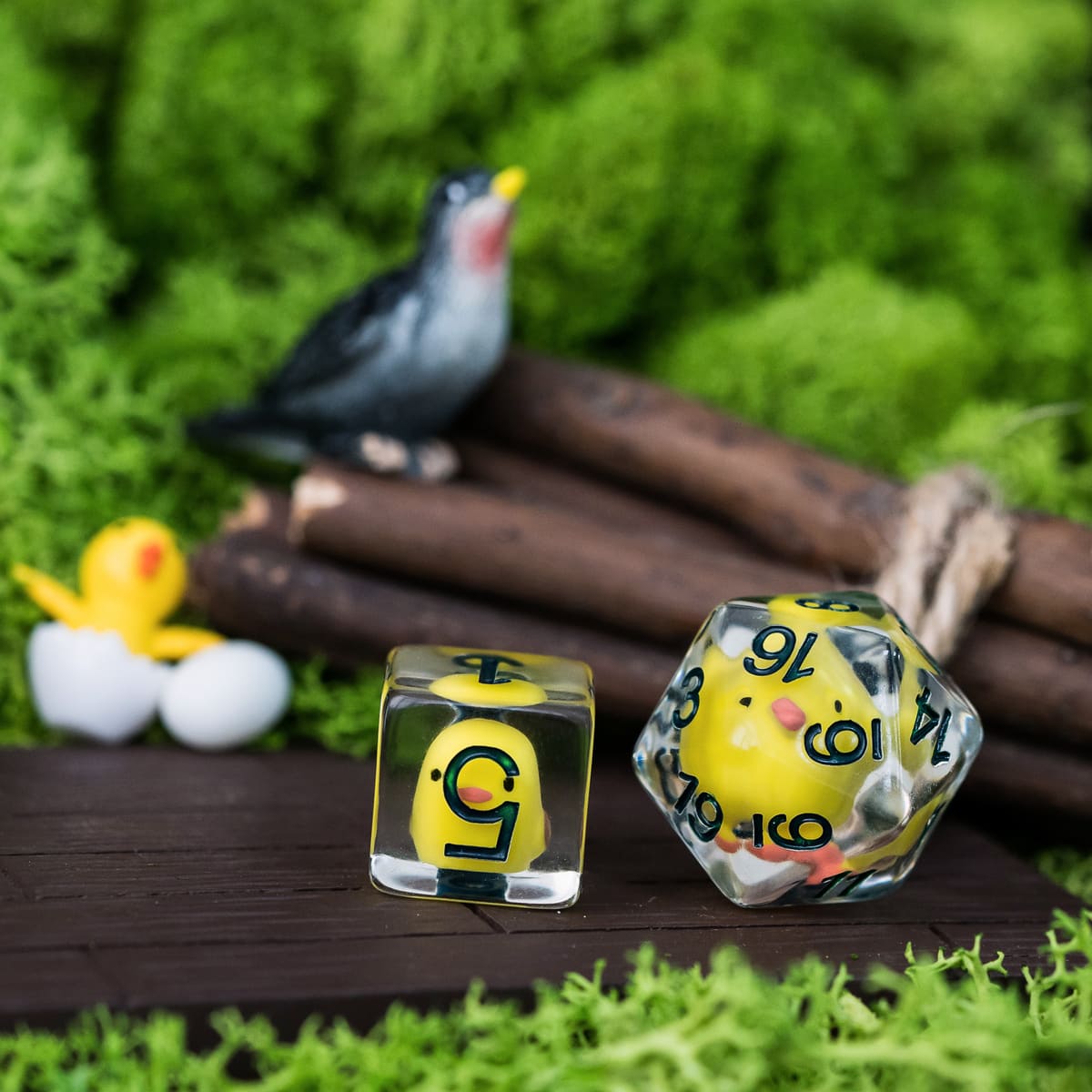 Close-up of transparent chicken dice set featuring d20 & d6 for DnD