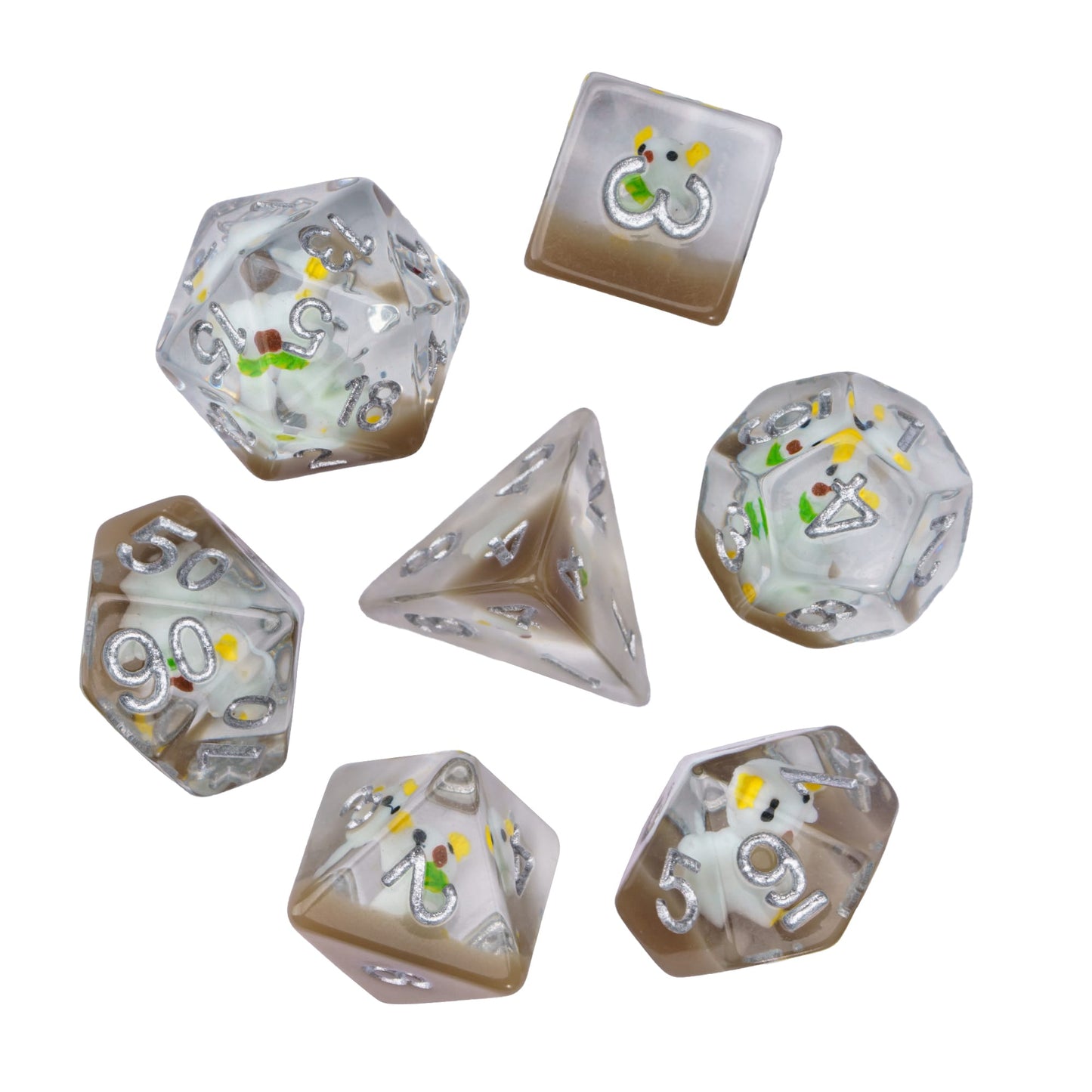 Transparent Koala 7 piece dice set, resin polyhedral dice with koala inside for DnD players