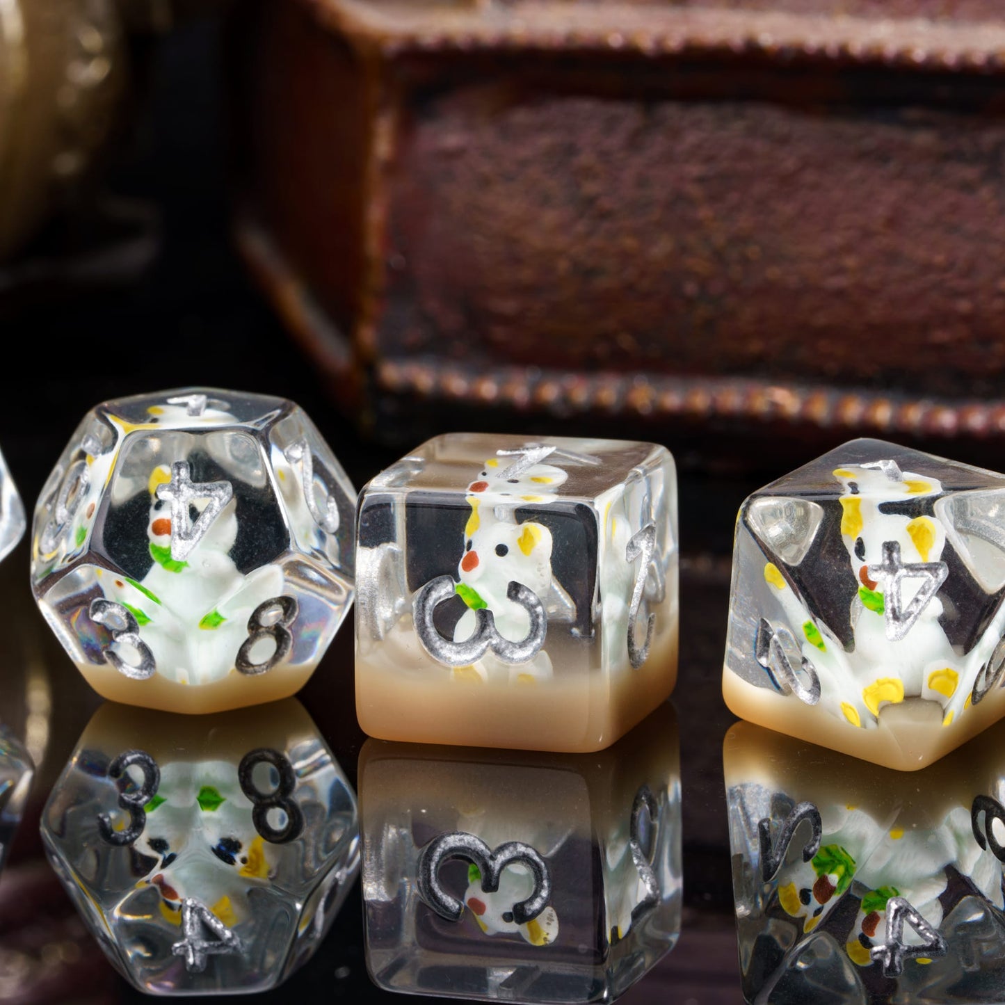 Close up Transparent Koala dice set, resin polyhedral dice with koala design for tabletop RPG