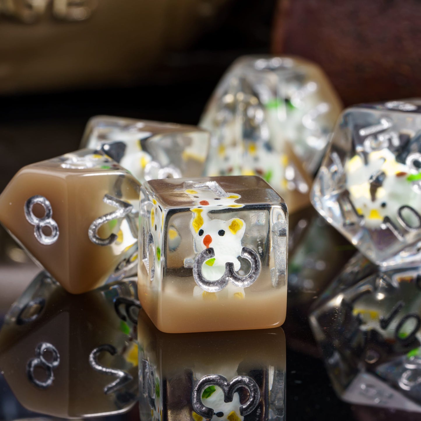 Transparent Koala D6 dice close up, resin dice with koala figure inside for tabletop RPGs