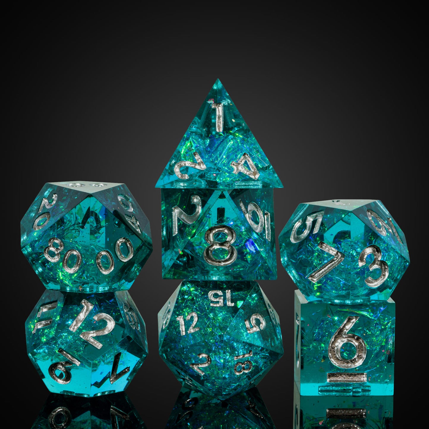 Stacked Turquoise Soul sharp edge dice in vertical layout with crisp silver ink and swirling turquoise foil