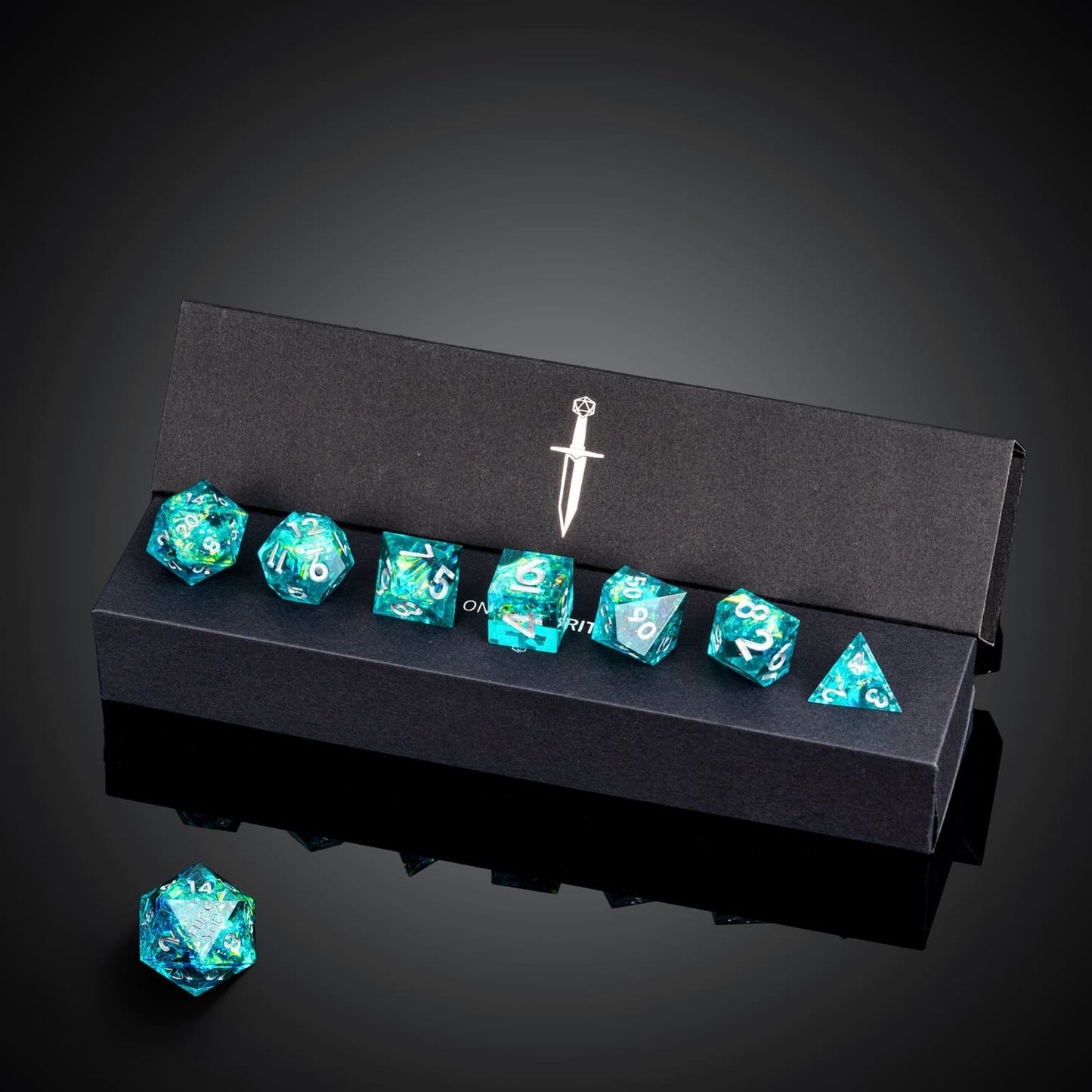 Turquoise Soul Sharp Edge Dice Set in presentation box with full 7 piece polyhedral collection