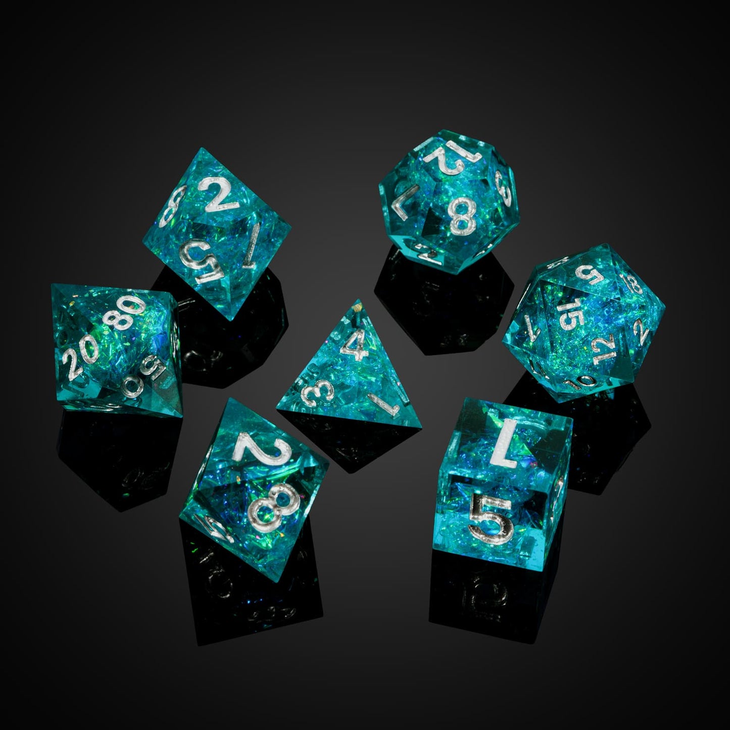 Turquoise Soul dice set on black reflective background with scattered layout and shimmering foil accents