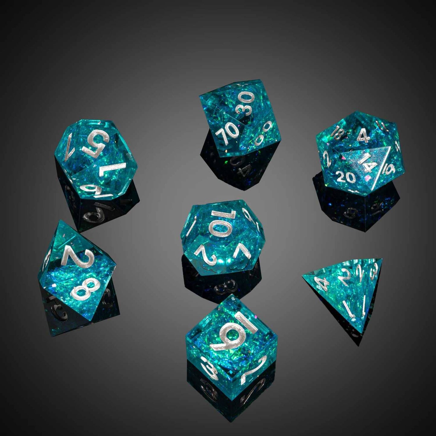 Turquoise Soul dice collage showing all angles with clear resin, metallic flakes, and sharp polished edges