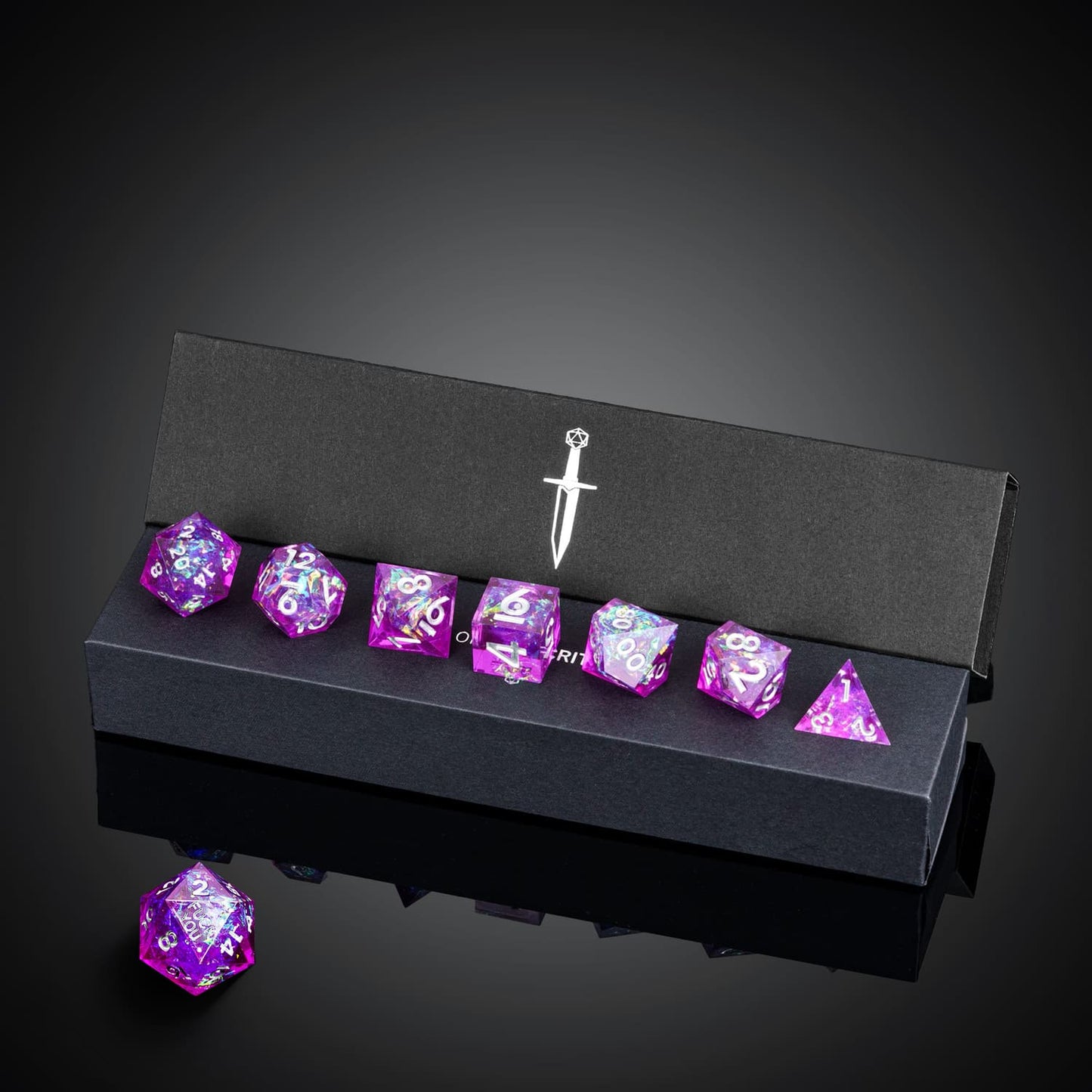 Violet Beam F*ck Me Sharp Edge 7 Piece Dice Set in display box for DnD & TTRPG
