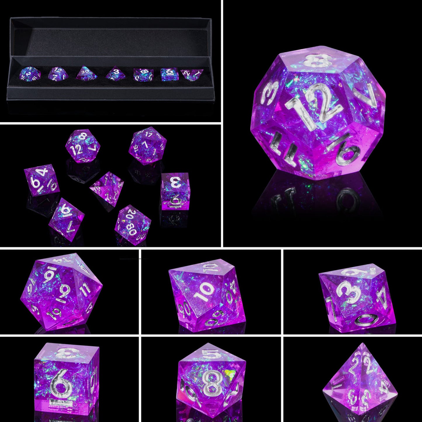 Collage of Violet Beam dice set showing individual dice from multiple angles