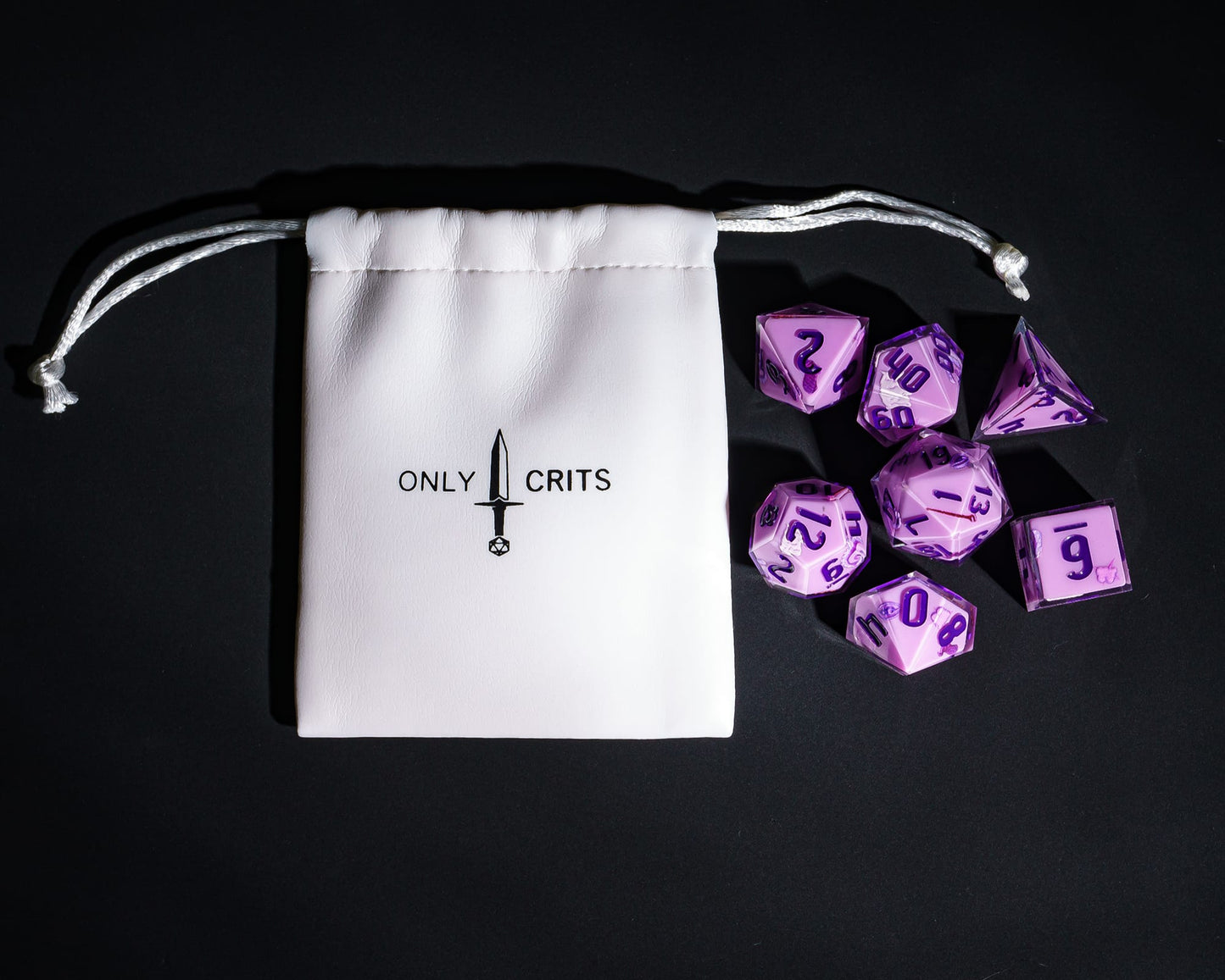 Purple Warlock Dice Set with Only Crits bag, pastel 7 piece sharp edge dice for DND 5e