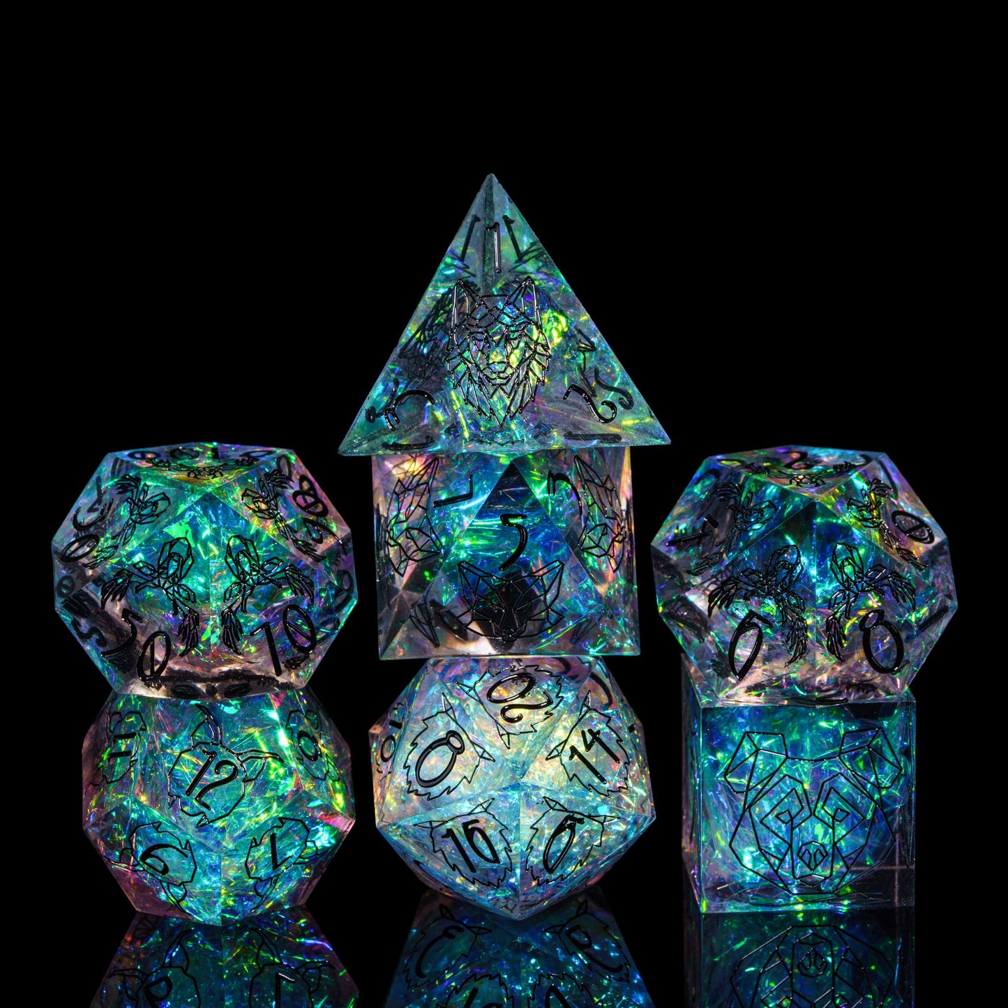 Wilderness Whispers sharp edge holographic resin dice set, displayed with glowing effect for DnD