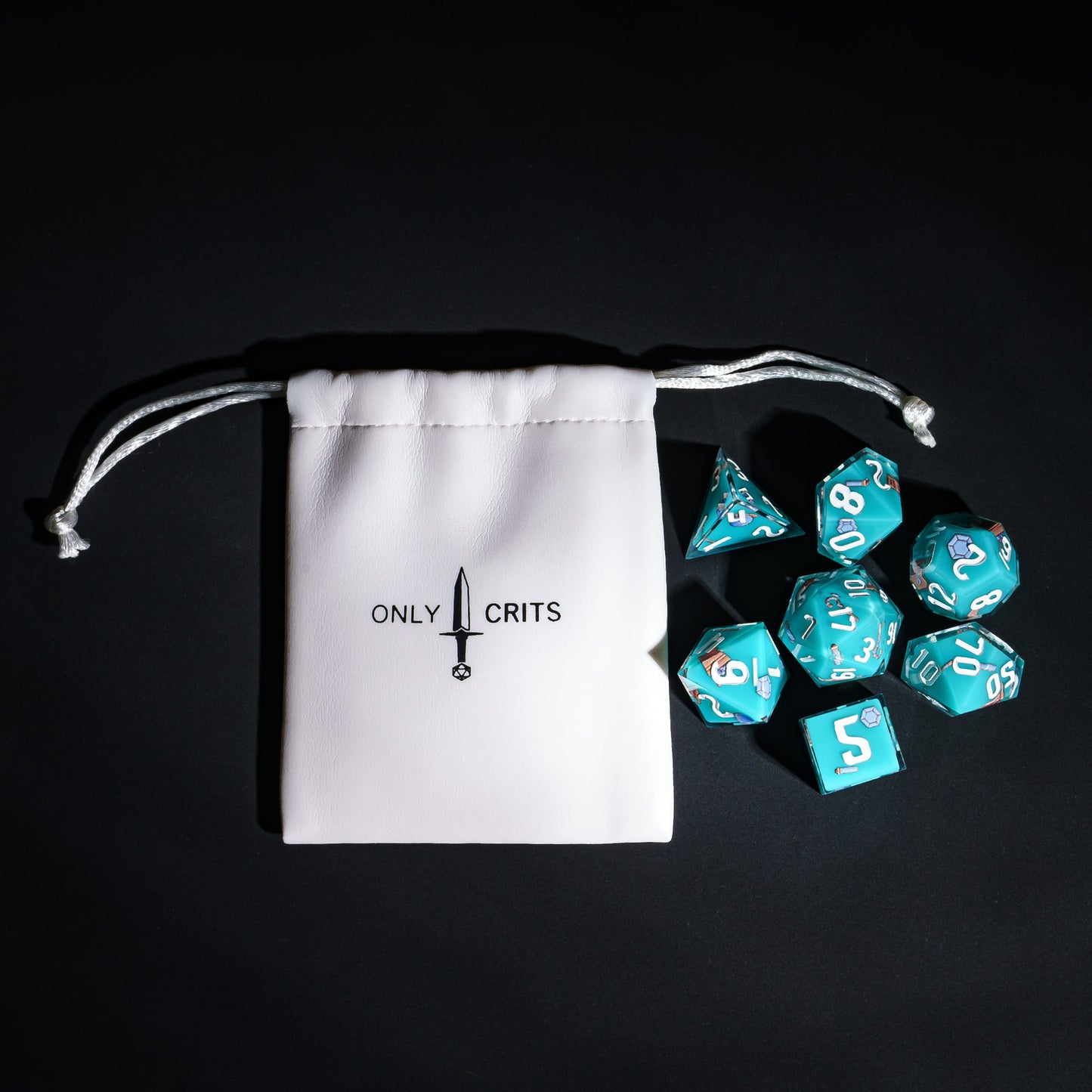 Class Dice Wizard Set with Only Crits bag, pastel 7 piece sharp edge dice for DND 5e