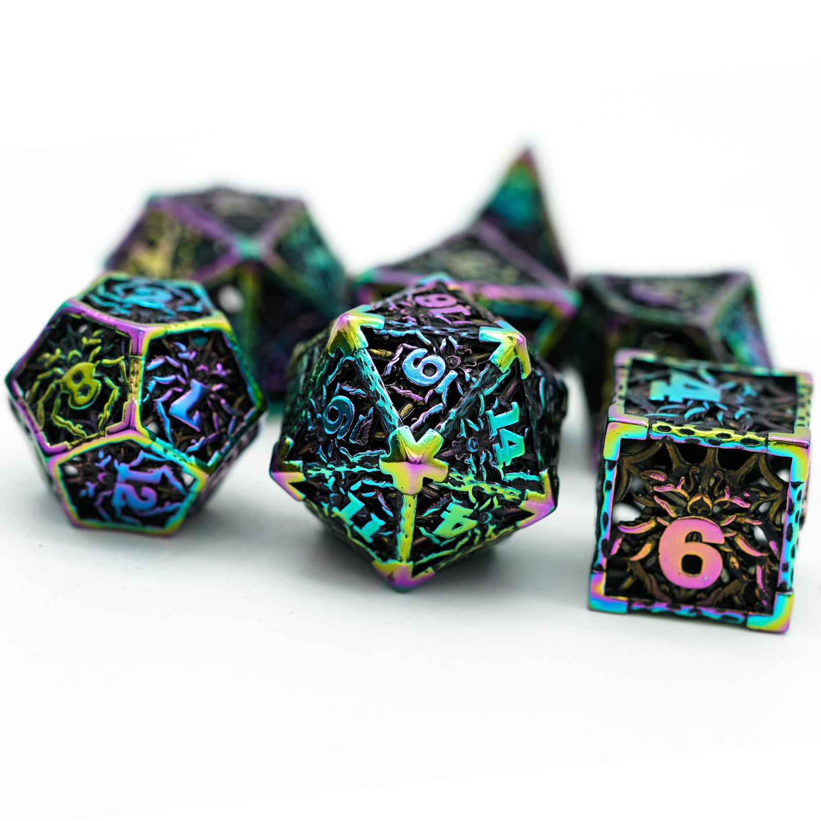 dark metal dice set with multicolored edges and numbers