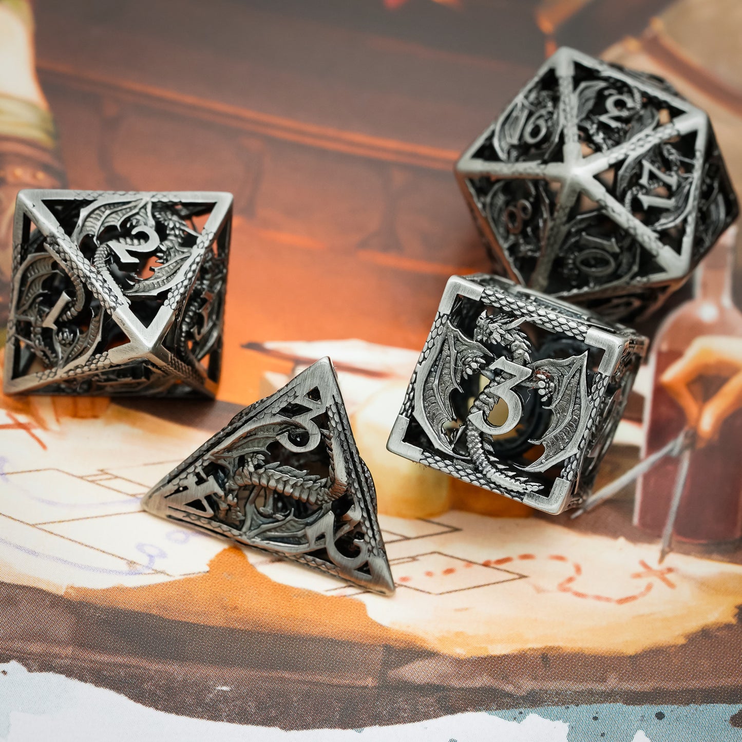 Ancient Silver Dragon - Hollow Metal Dice Set